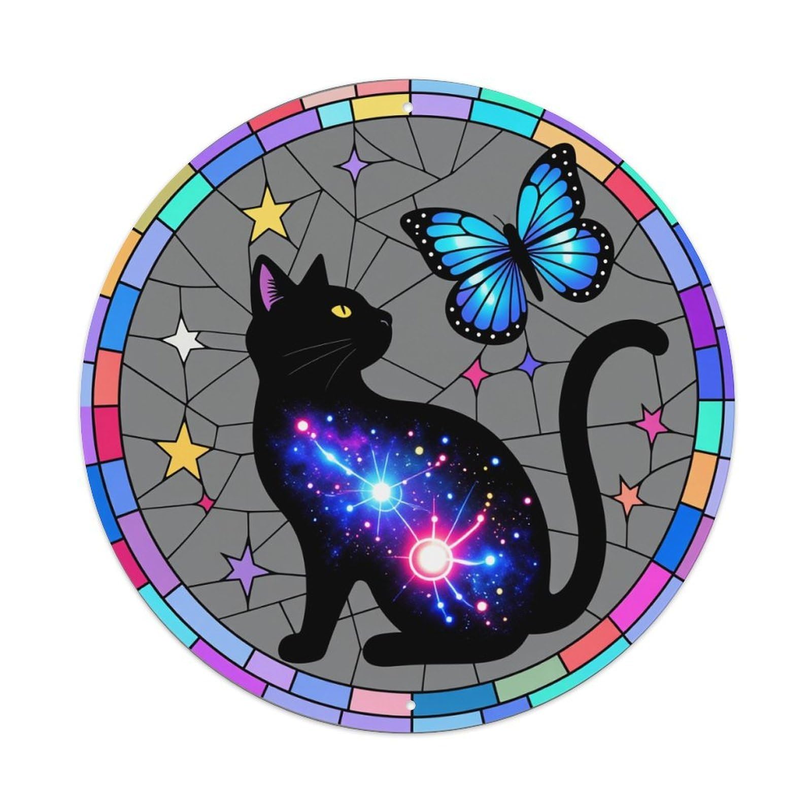 Cosmic Cat Butterfly Stars Rainbow Metal Tin Sign Vintage Garden Bedroom Cafe Bar Man Cave Home Wall Decor Metal Poster 8x8 inches