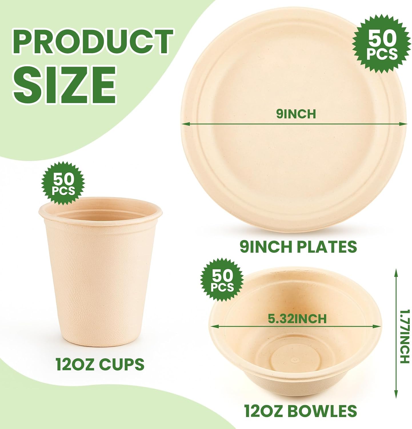Havawish 150 Pcs Compostable Paper Plates and Bowls Cups Sets 9 Inch Disposable Plates 12 oz Biodegradable Paper Bowls and Cups for Dinner 50 Person Bulk Party Supplies