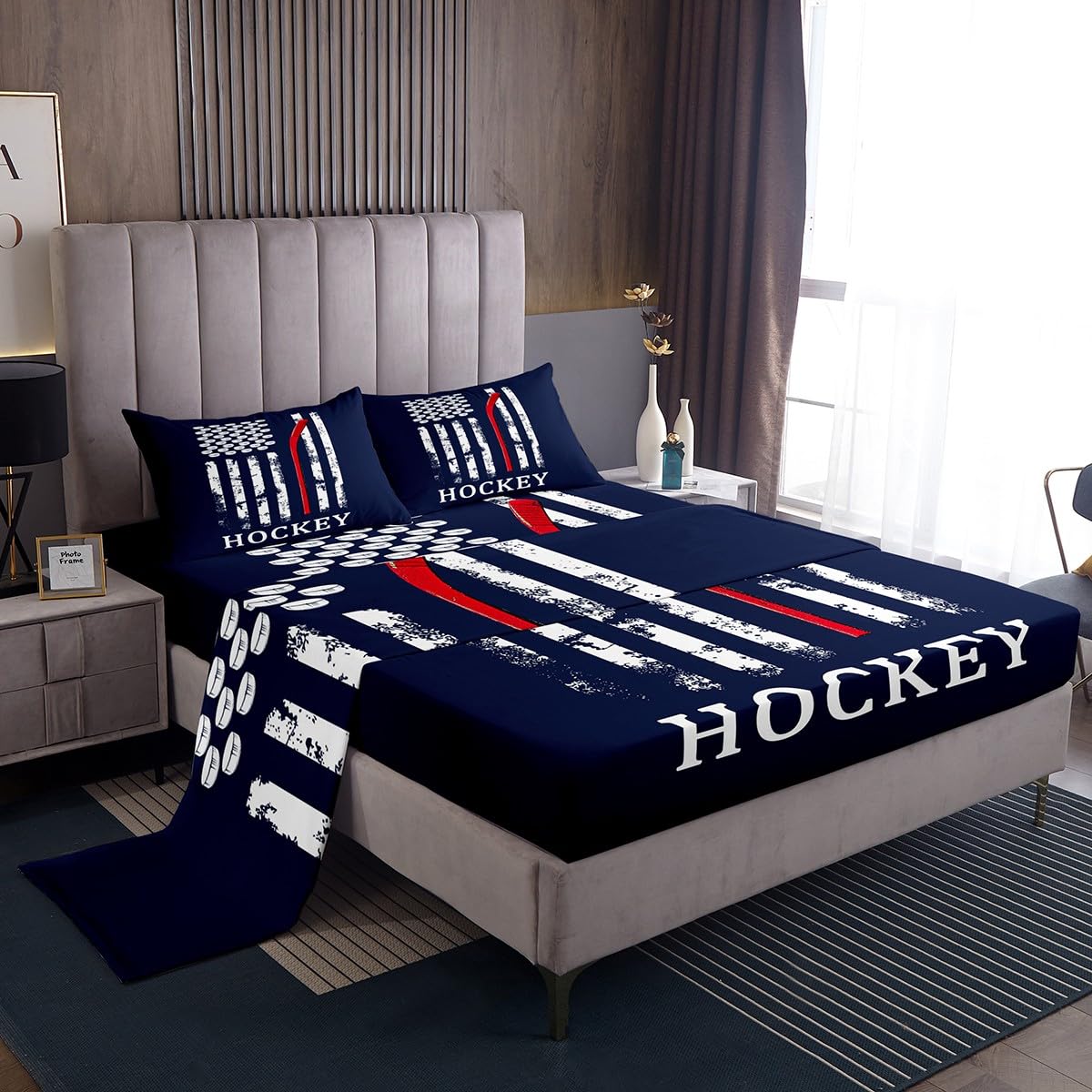 Castle Fairy Ice Hockey Bed Sheets Kids Boys American Flag Sheet Set 3 Pcs Child Sports Games Sheets Set + Deep Pocket Fitted Sheets + Retro Style Flat Sheet 1 Pillow Sham,Twin Size