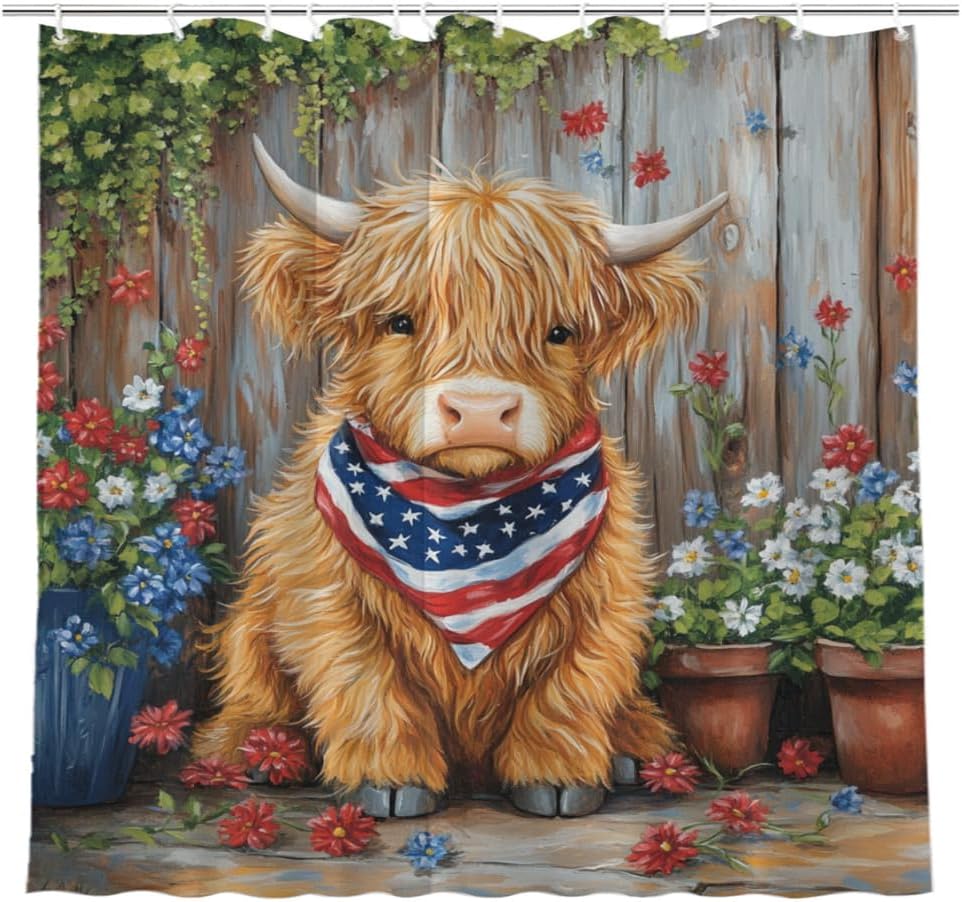4th of July Shower Curtain, Patriotic American Highland Cow Shower Curtain for Bathroom, Fourth of July Waterproof Bath Curtain, 72x72 Inches