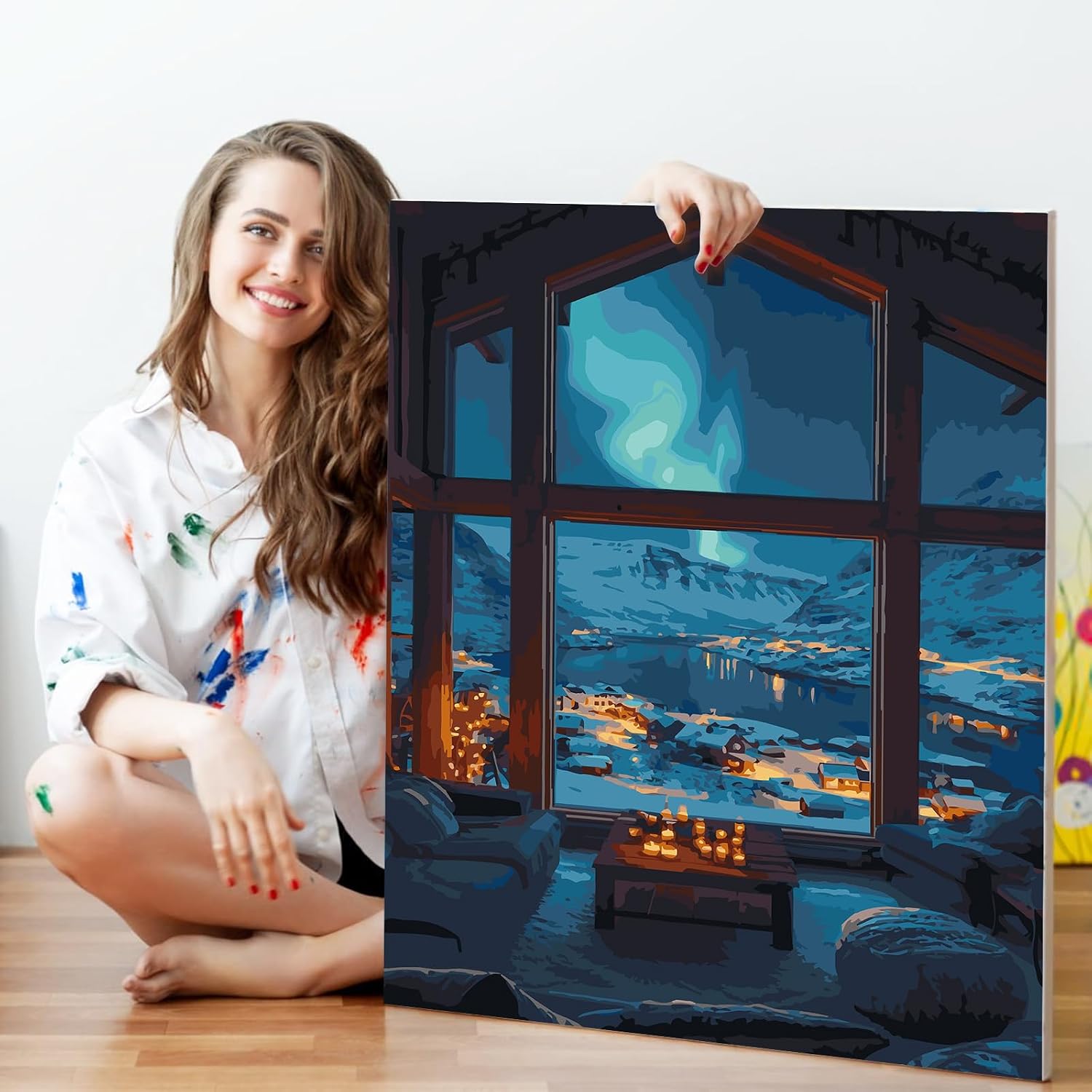 Aurora Paint by Numbers Kit for Adults Beginner, Snowy Mountain Lake Scenery Adult Paint by Number Kits on Canvas Without Frame, Acrylic Painting by Numbers for Home Decor Gift 16” W x 20”L image 5