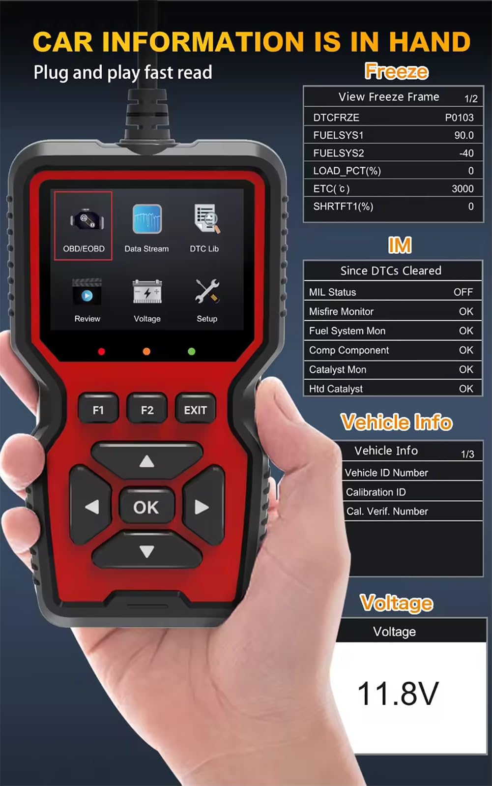 Rilevatore di Guasti Automobilistici, Scanner di Guasti al Motore con Dati in Tempo Reale, Ricerca di Codici di Guasto E Funzione di Cancellazione, per Tutte Le Auto con Protocollo OBD II.