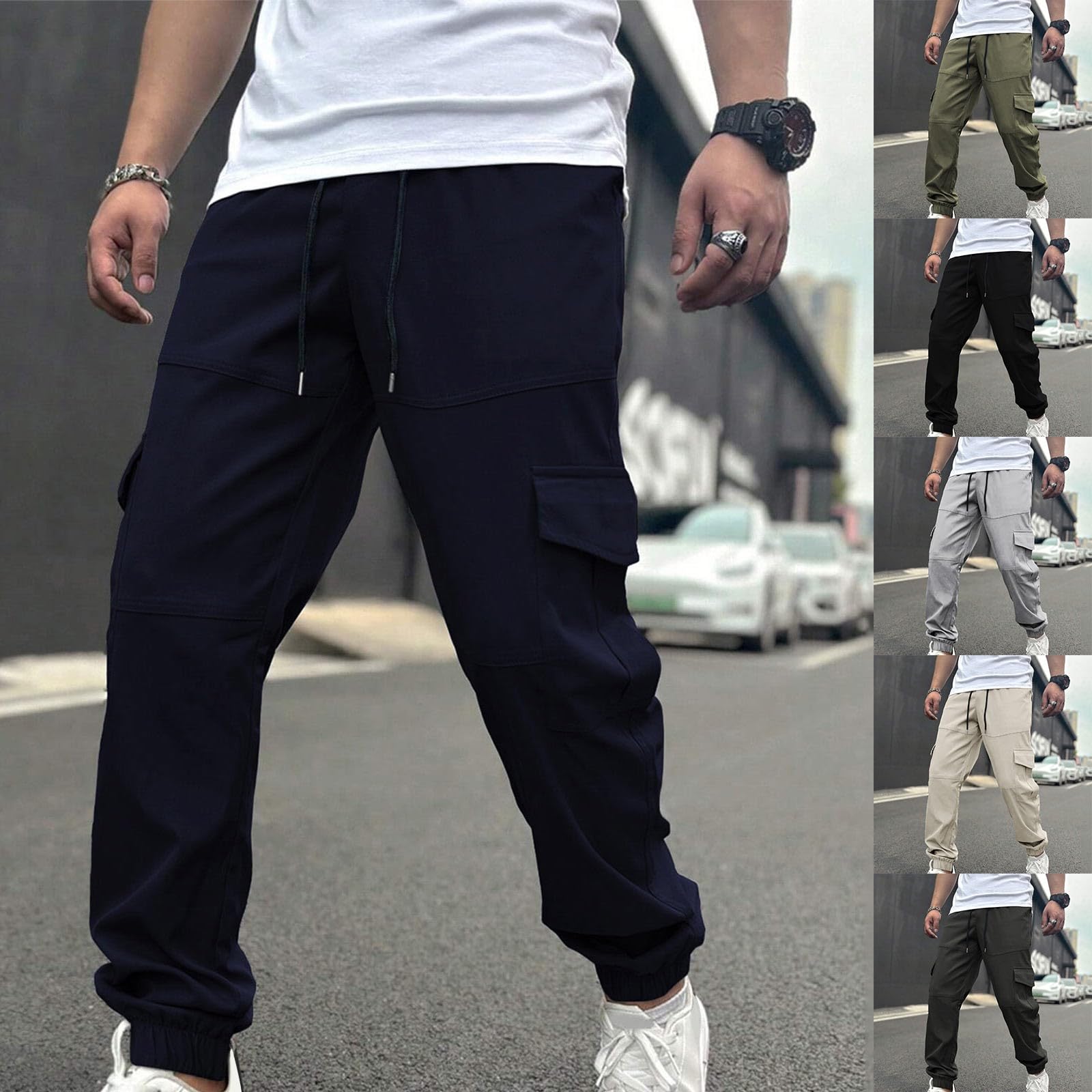 Generisch Pantaloni cargo da uomo lunghi: pantaloni outdoor con coulisse, pantaloni da lavoro con molte tasche, pantaloni sportivi con polsini, leggeri, traspiranti, per il tempo libero, tutti i