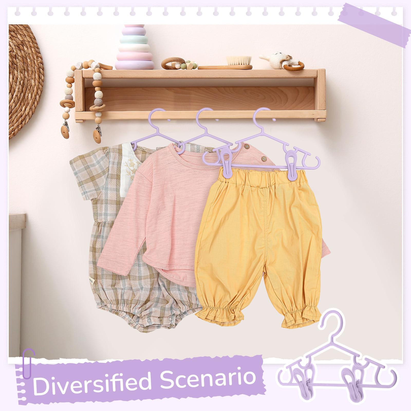 Hsei Lot de 120 cintres pour bébé avec clips pour pantalons, placards, jupes, chaussettes (violet)