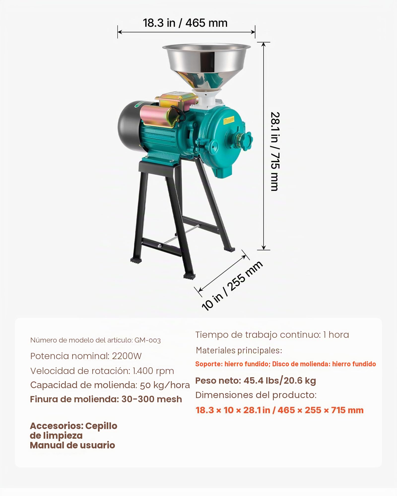 VEVOR Molinillo Eléctrico de Especias 2200 W, Molinillo de Cereales de Alta Velocidad 1400 rpm 50 kg/hora, con Patas de Goma Antideslizantes para Granos Secos, Especias, Cereales, Maíz, Pimienta