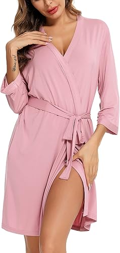 Leikar Batas cortas para mujer, bata de baño suave, ligera, de bambú, kimono, ropa de descanso para mujer