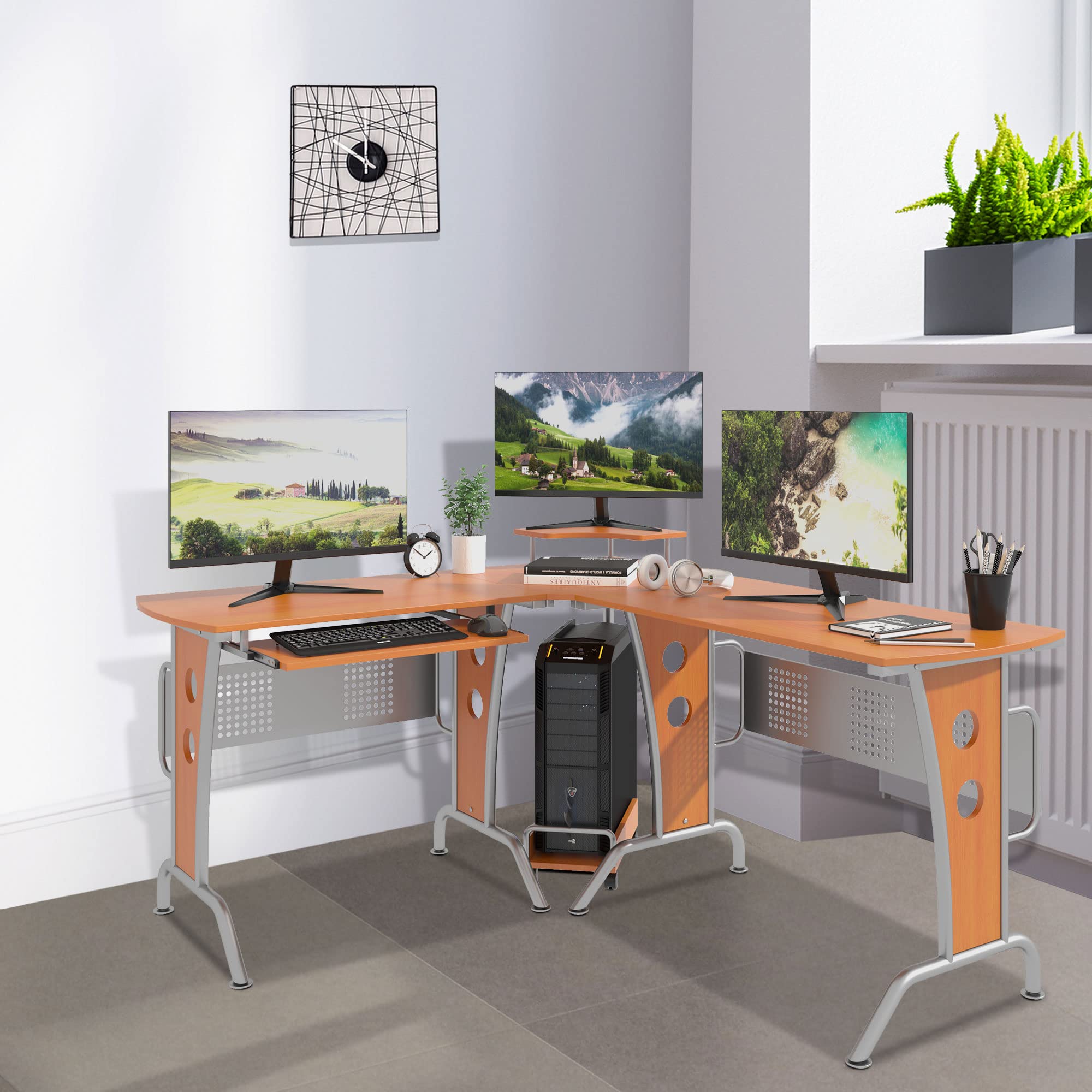 LShaped Corner Computer Office Desk Workstation with Elevated