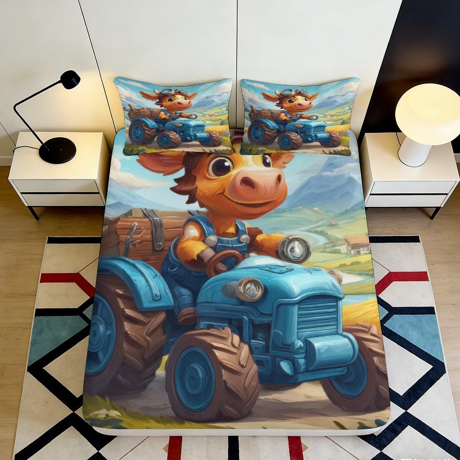 3D Printed Cartoon Tractor Fitted Sheet Microfiber Soft Durable Farm Animal Mattress Cover for Bedroom Dormitory Guest Room Mattress Protection 160x200x25cm