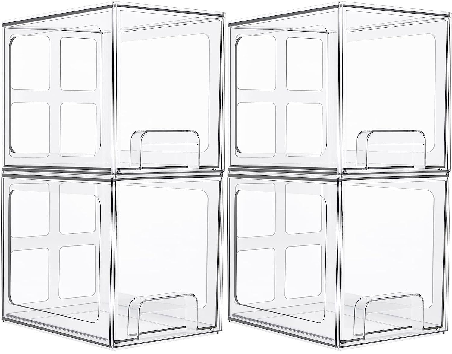 4 Pack Large Stackable Storage Drawers, Makeup Organizer Storage Drawers, 6.6''Tall Acrylic Bathroom Organizers, Clear Plastic Storage Bins for Vanity, Undersink, Kitchen Cabinets, Pantry Storage (4)
