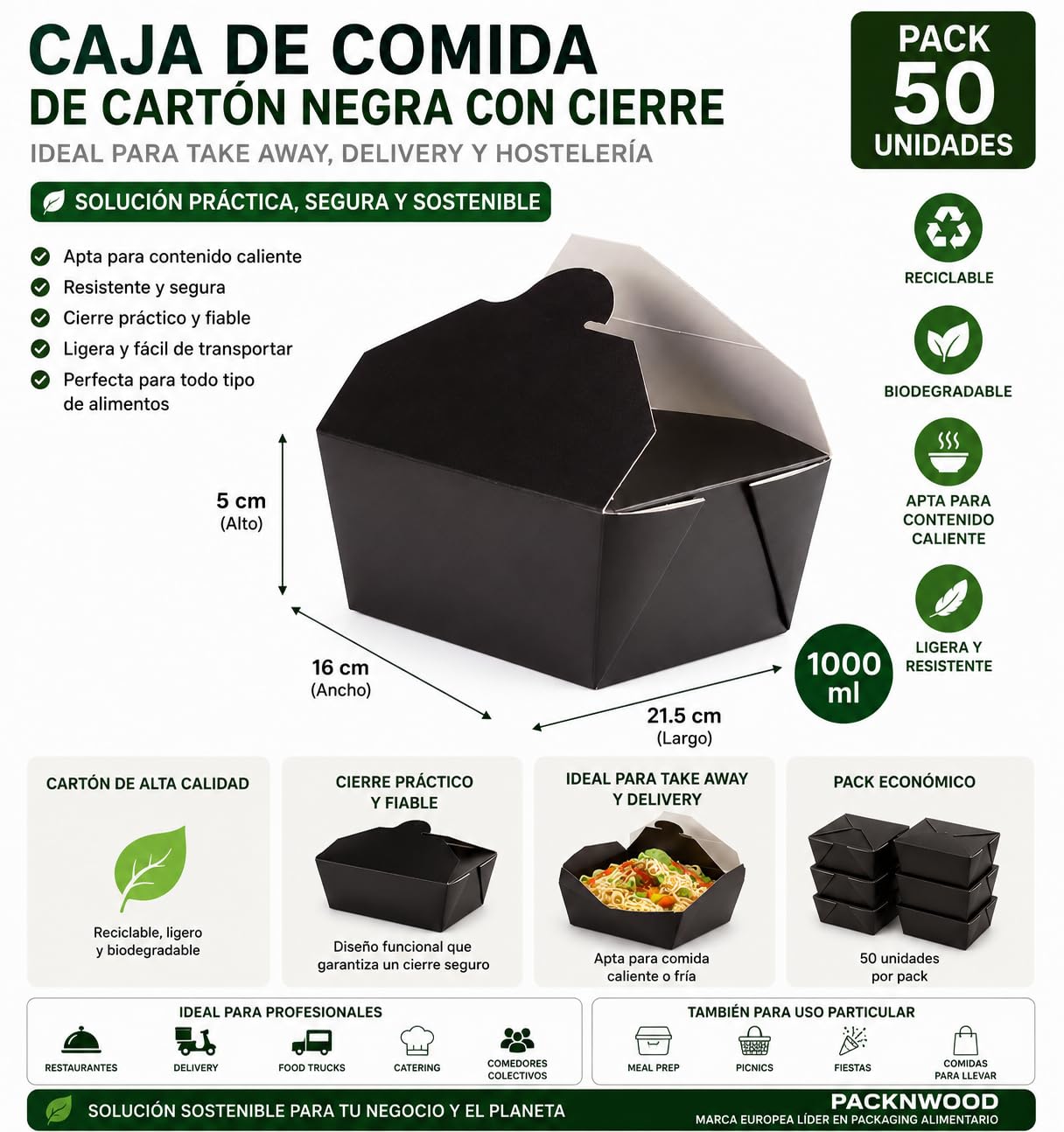 PacknWood - 50 Caja Rectangular Negro Cartón con Cierre | 1L | 21,5x16x5 cm | Hostelería Catering, Desechable, Ecológico, Delivery Take Away