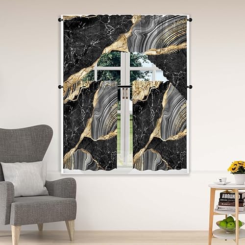 ULQUISNCE Juego de 3 cortinas de ventana de mármol negro, juego de 3 cortinas de cocina con cenefa de arte de mármol, cortina con bolsillo para