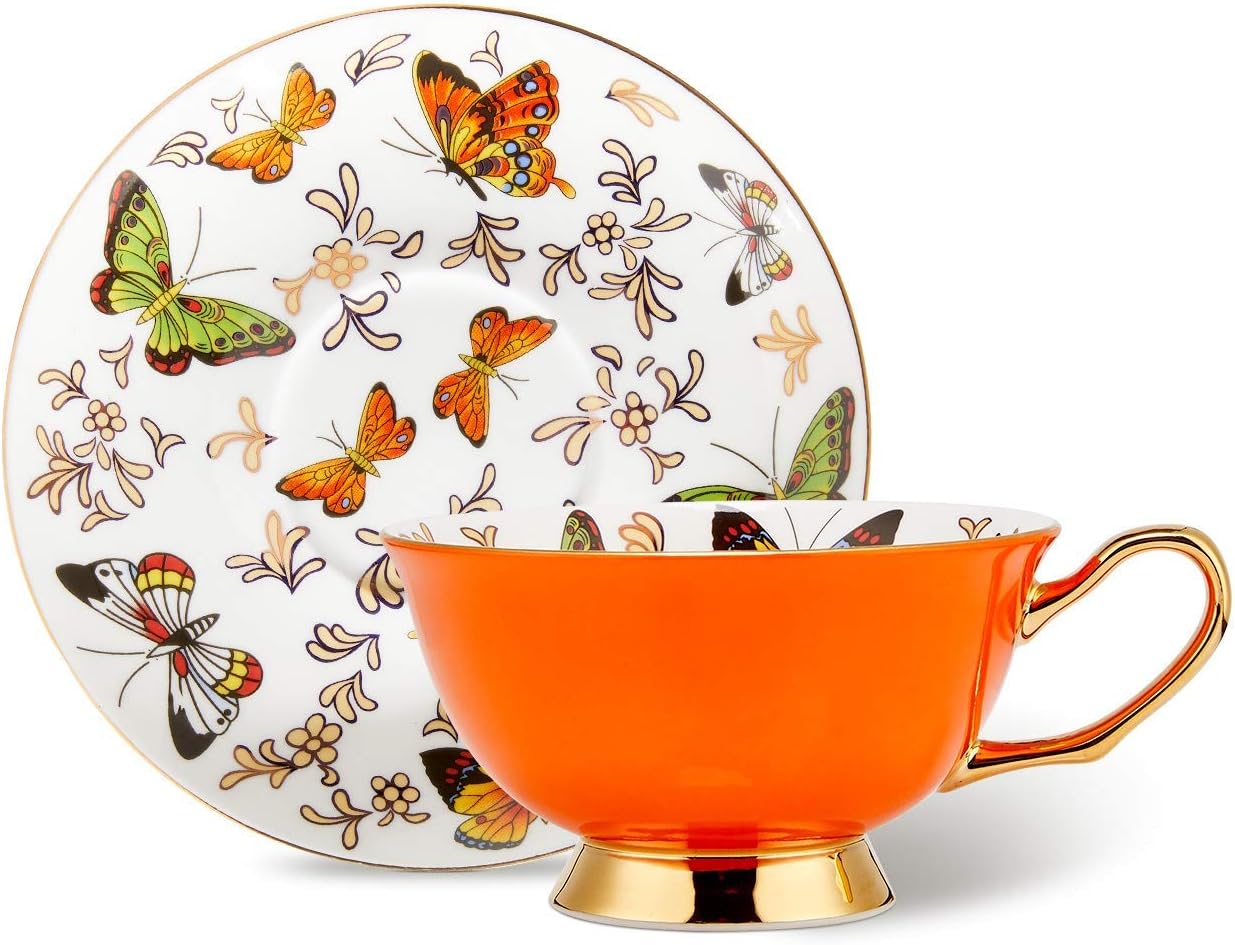 LURRIER Coffee Cup Mug with Saucer for Latte, Cappuccino Tea with Butterflies 6.8 Oz Fine Bone China, Dishwasher Safe, Reactive Glaze, 1 Pcs - Image 5