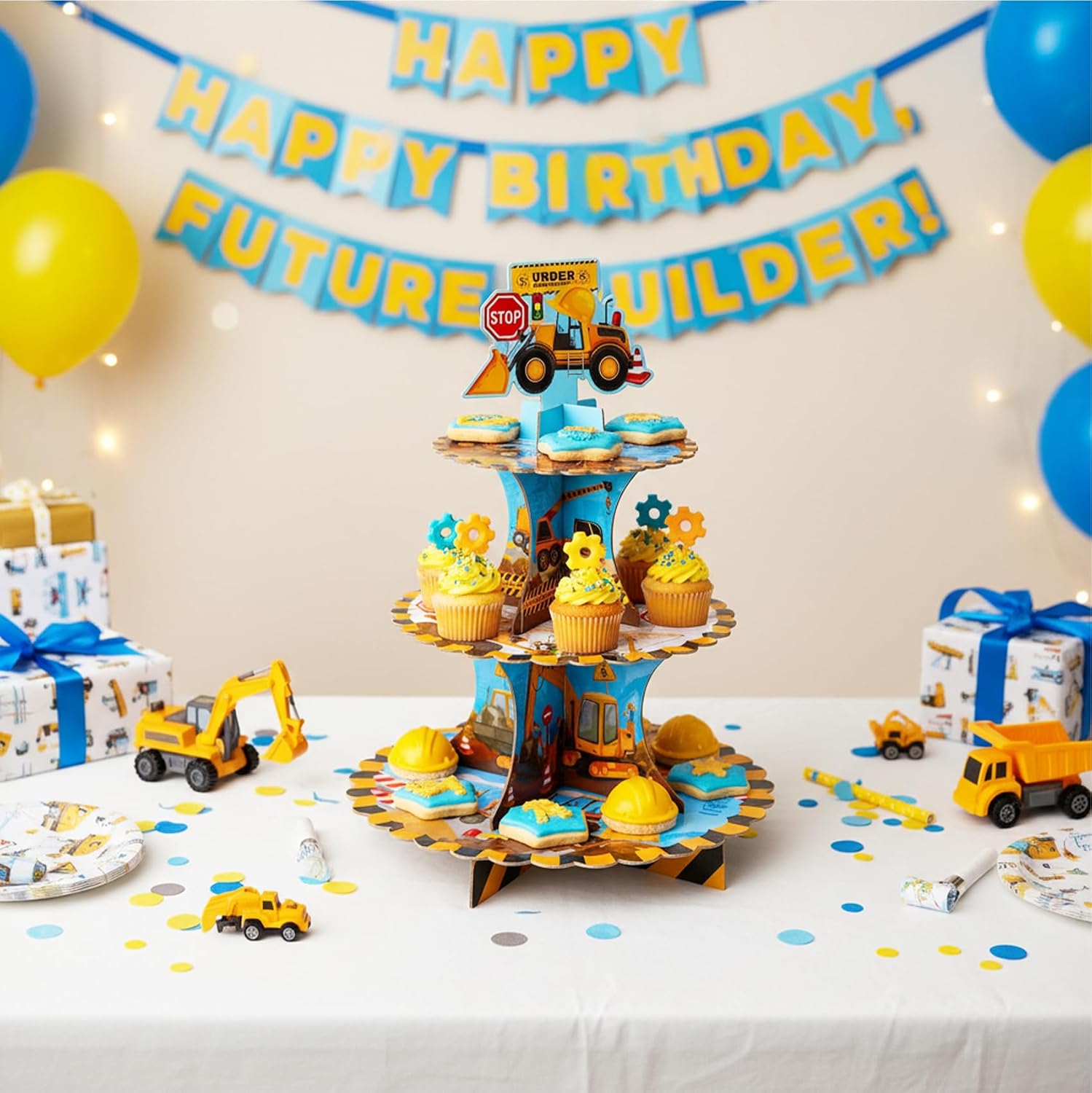 Construction Cupcake Stand, Construction Birthday Party Decoration 3 Tier Cupcake Stand DIY Cake Holder Tower Tray Cardboard Dessert Pastry Serving Tray Holder for Baby Shower Birthday Party Supplies image 5