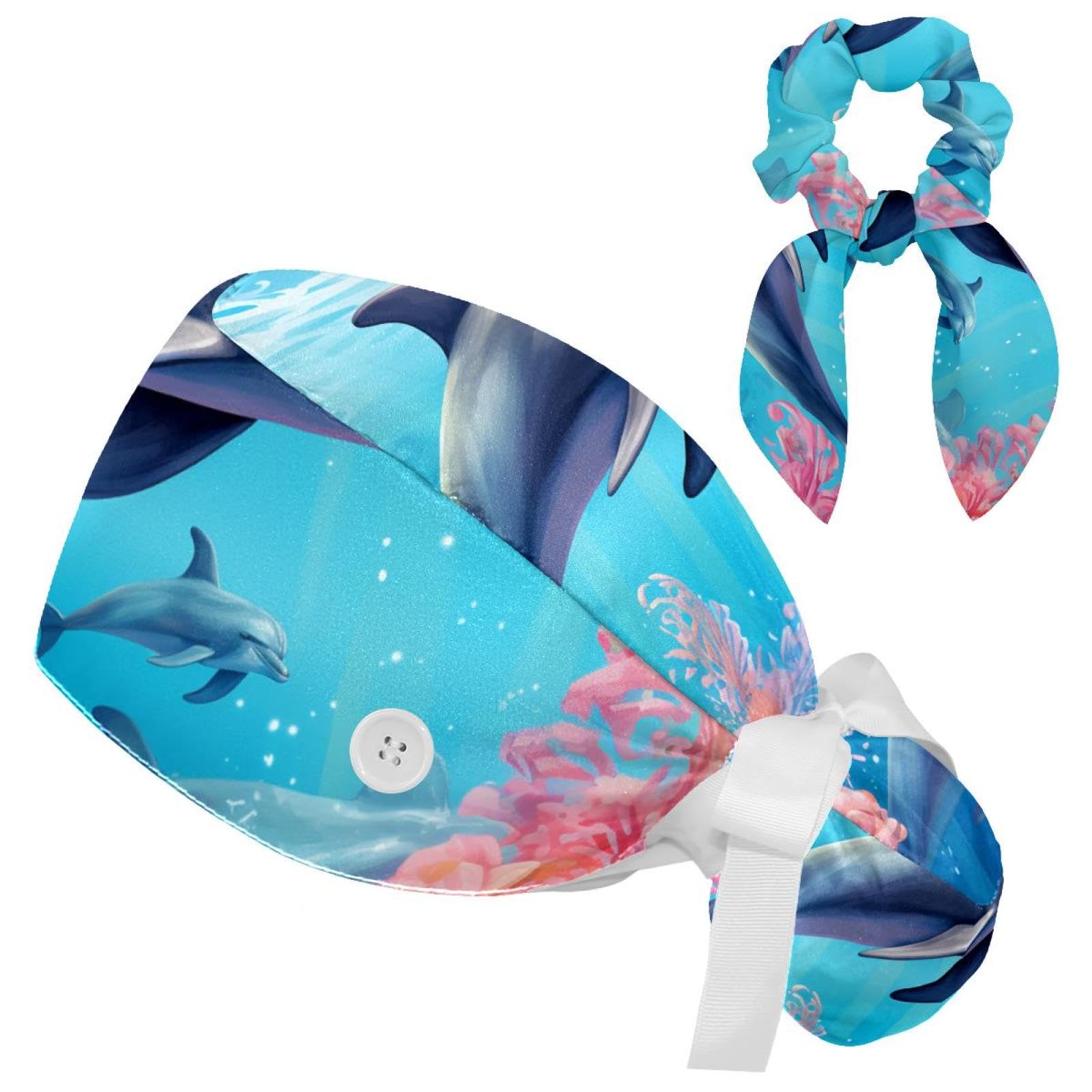 HOHODIY Adjustable Dolphin Scrub Cap, Working Hat Hair Cover with Ponytail Pouch, Soft Bouffant Surgical Nurse Cap