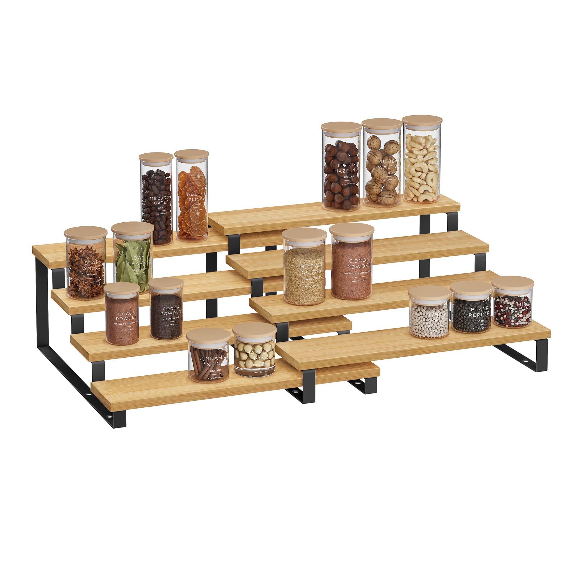 SONGMICS Spice Rack, Set of 2 Cabinet Shelf Organisers, 4-Tier Extendable Spice Holder, Engineered Wood, Stackable, for Pantry, Cupboard, Countertop, Natural Beige and Ink Black KCS216N01