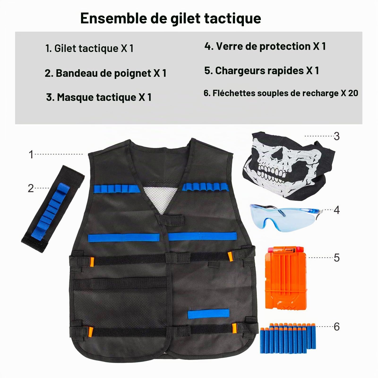 LUUFAN gilet tactique kit pour NERF armes avec clips de recharge, flèches de recharge, bracelet, masque tactique lunettes de protection pour la fête d'anniversaire cadeau de Thanksgiving