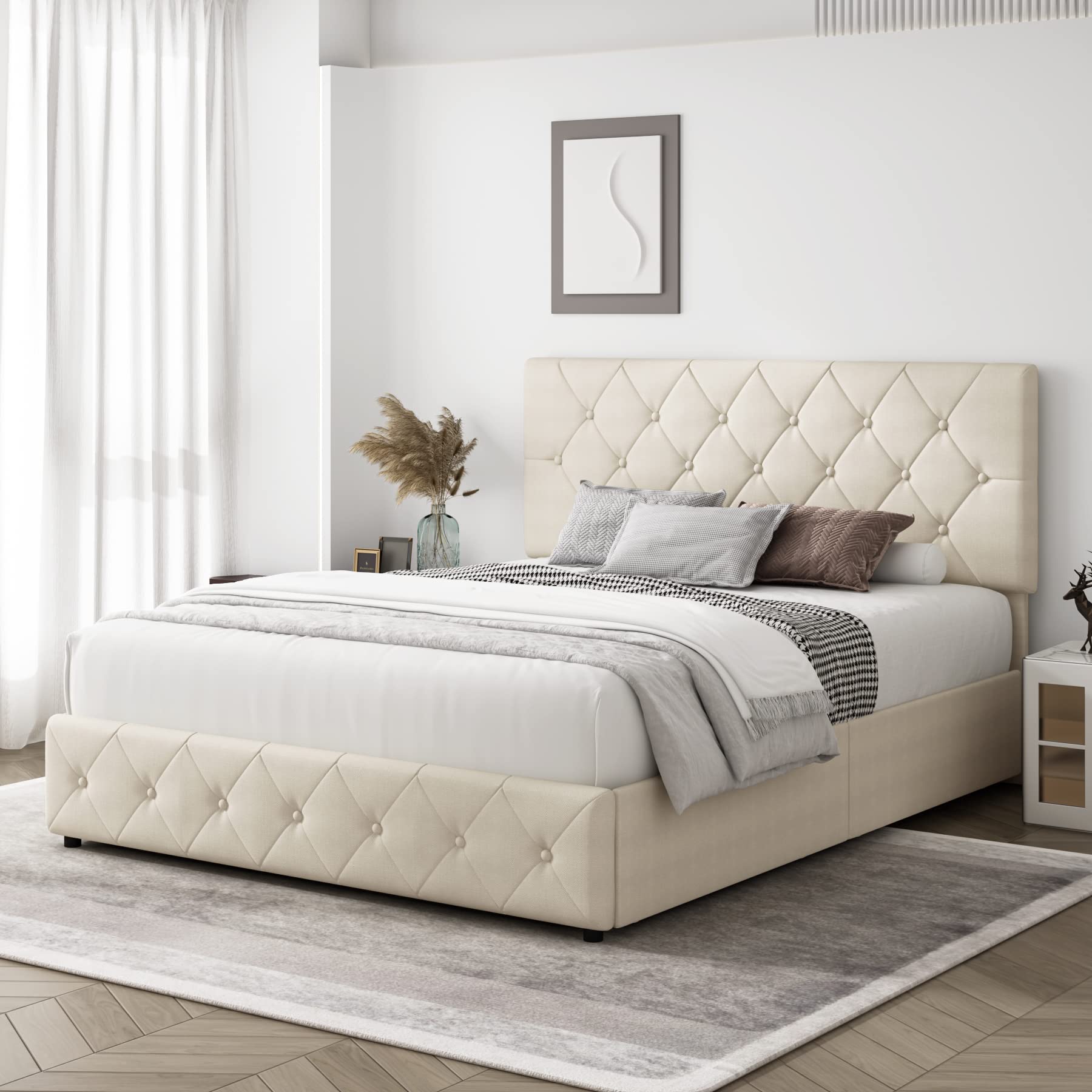 ( box 2 of 2) Keyluv Modern Upholstered Bed Frame with 4 Drawers, Button Tufted Headboard Design, Solid Wooden Slat Support, Easy Assembly, Fabric, Beige, Queen Size