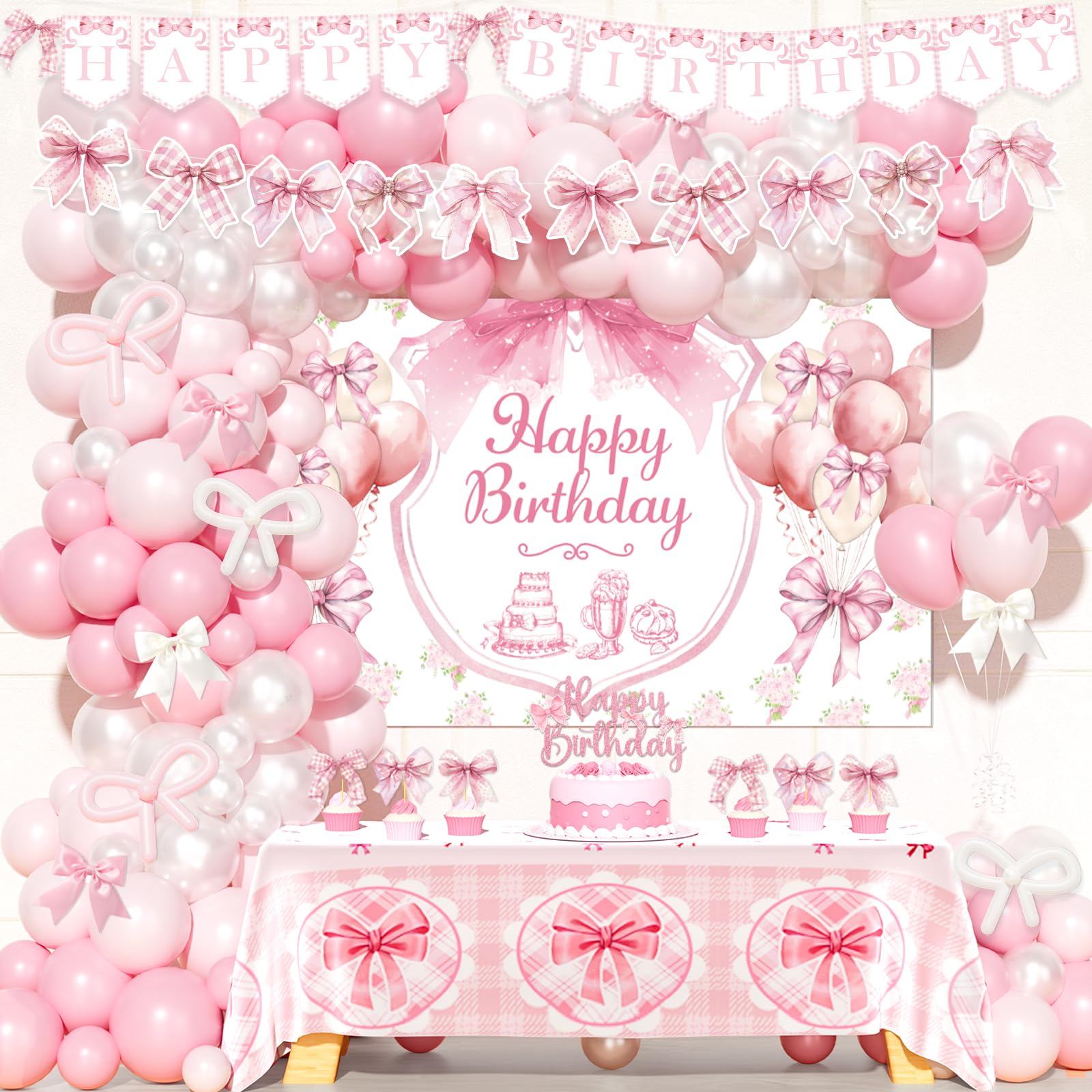 Party Inspo Pink Bow Birthday Decorations, Coquette Birthday Decorations for Girl, Pink Bow Themed Backdrop Balloon Banner Tablecloth Cake Topper for