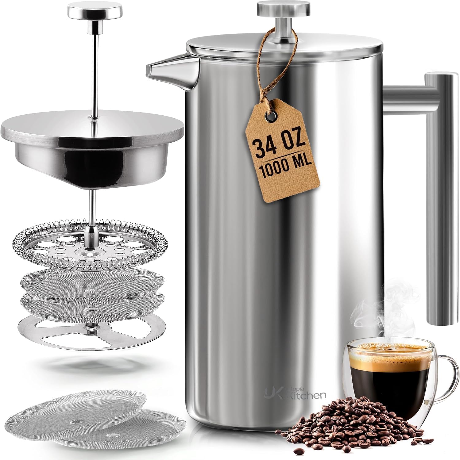 KICHLY Cafetiere Cafetera de prensa francesa de acero inoxidable de 8 tazas, prensa de café con sistema de filtración d…