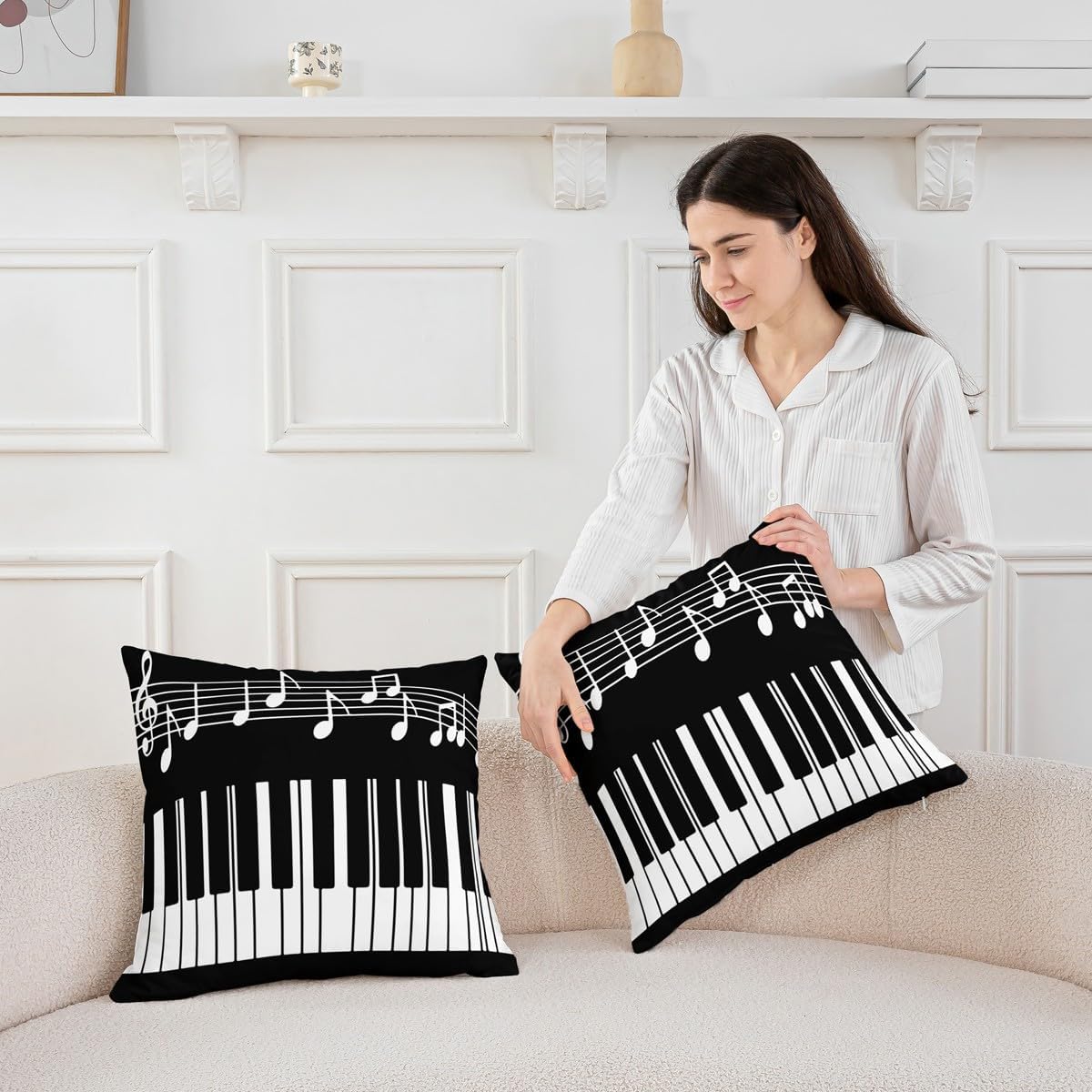 Music Theme Throw Pillow Covers Black White Piano Keyboard Cushion Covers for Kids Teens Adults Music Notes Staff Geometric Lines Cushion Cases for Living Room Chairs 22x22 Inch Set of 2 image 3