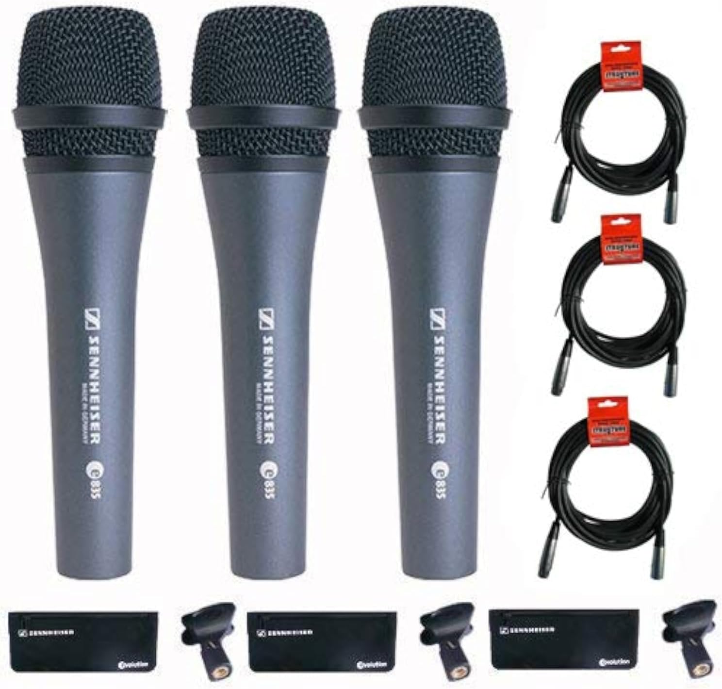 Sennheiser 3x e 835 Wired Cardioid Handheld Dynamic Lead Vocal Stage Microphone with Clip - With 3x Pyle PPMCL15 15ft Symmetric Microphone Cable, XLR Female to XLR Male