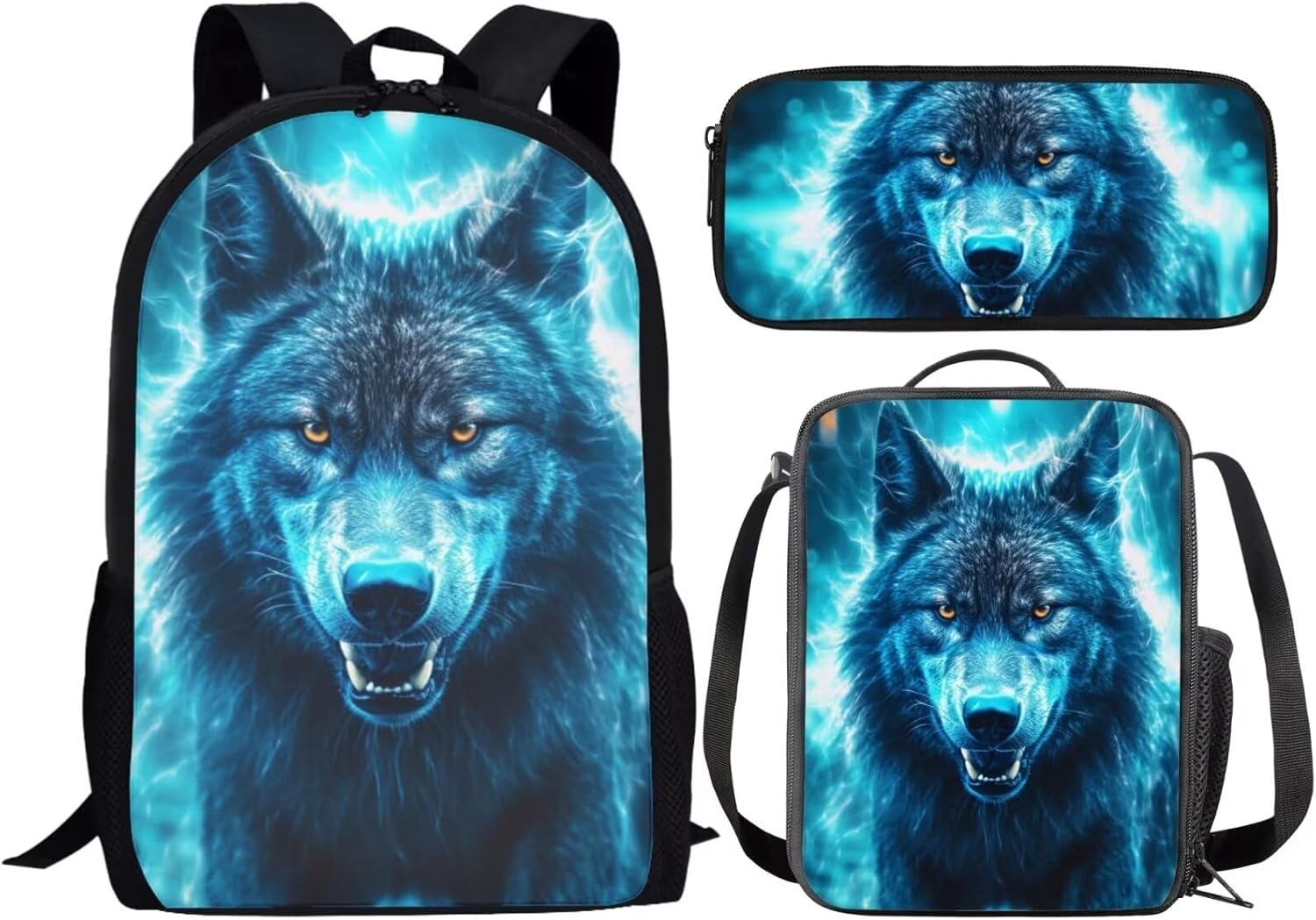 Scary Wolf Backpack Set for Boys Portable Sturdy Soft Lightweight Large School Backpack with Lunch Box Pencil Case Kids Student Cool Animal Print Bookbag Insulated Lunch Bag