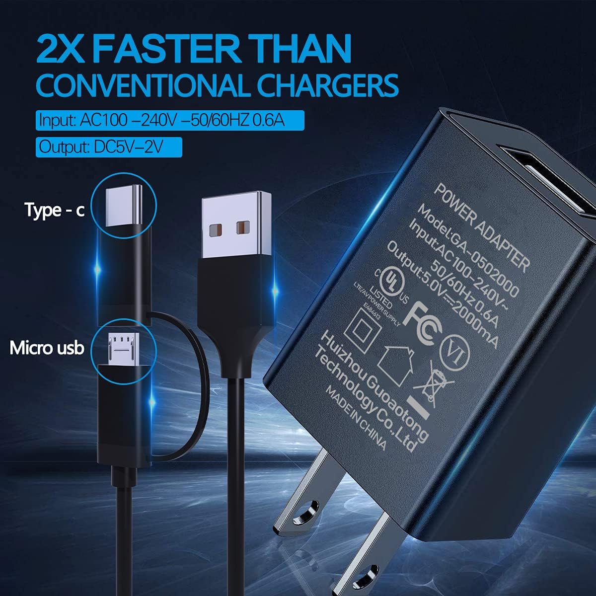 Fire Fast Charger [UL Listed] AC Adapter 2A Rapid Chargers with 6.6Ft Micro-USB and Type-C 2 in 1 Cable for All-New Fire HD, HDX 6" 7" 8.9" 9.7", Fire 7 8 10 10Plus Tablet Phone, Kids Pro Kids Edition : Electronics