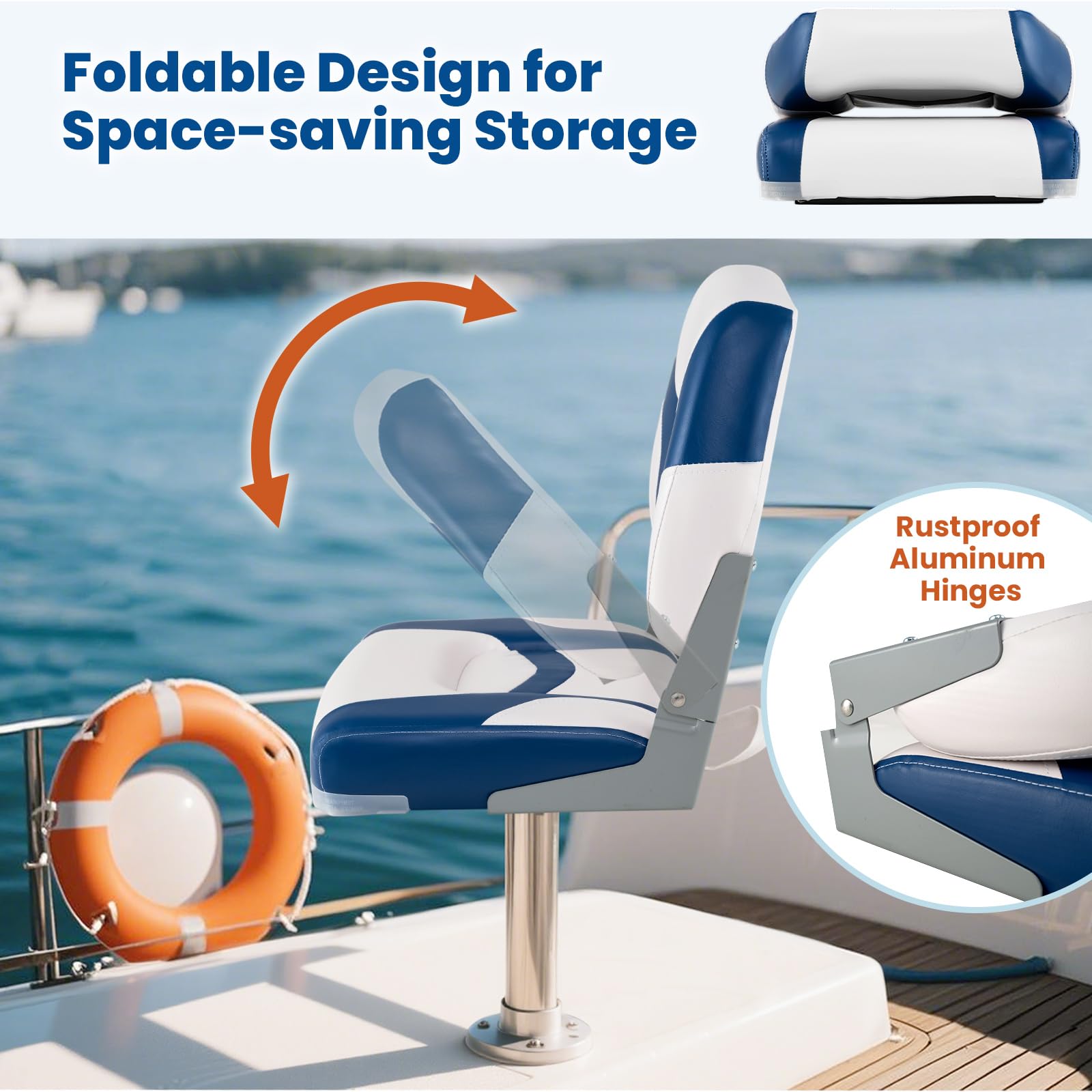 HOMASIS 2 Sedili per Barca Pieghevoli, Sedie da Yacht Ergonomiche con Imbottiture Impermeabili e Schienale Alto, con Cinghie e Viti di Fissaggio (Blu e Bianco, 42 x 50 x 51 cm)
