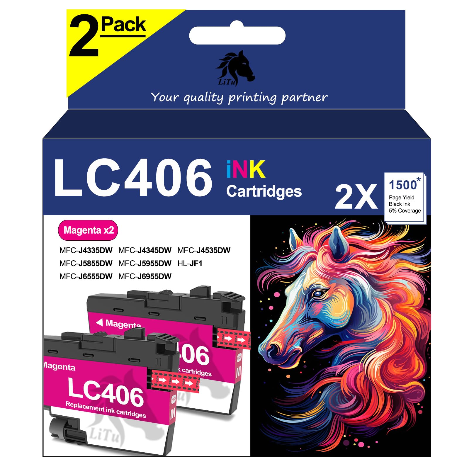 LiTuhorse 2-Pack Compatible LC406 Magenta Ink Cartridges for Brother Printer Replacement LC406 M LC406MS for Brother MFC-J4335DW MFC-J4345DW