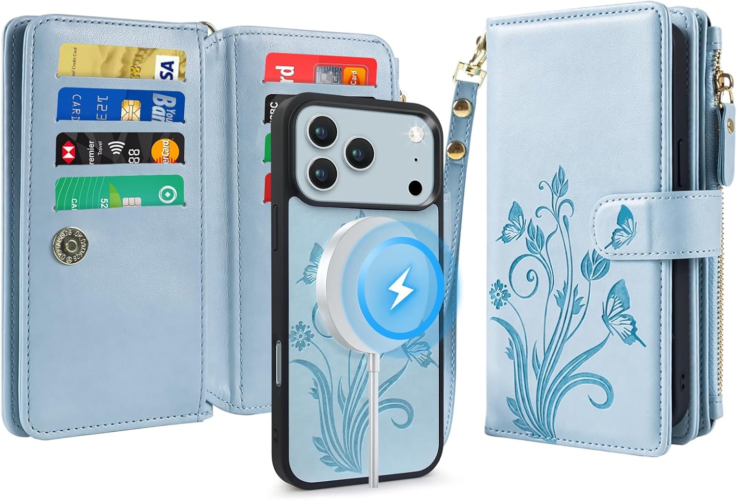 Lacass for iPhone 17 Pro Max Case Wallet,Compatible with MagSafe 2 in 1 Magnetic Detachable PU Leather RFID Blocking Wallet Cover Card Holder Zipper Wrist Strap Lanyard,Floral Sky Blue
