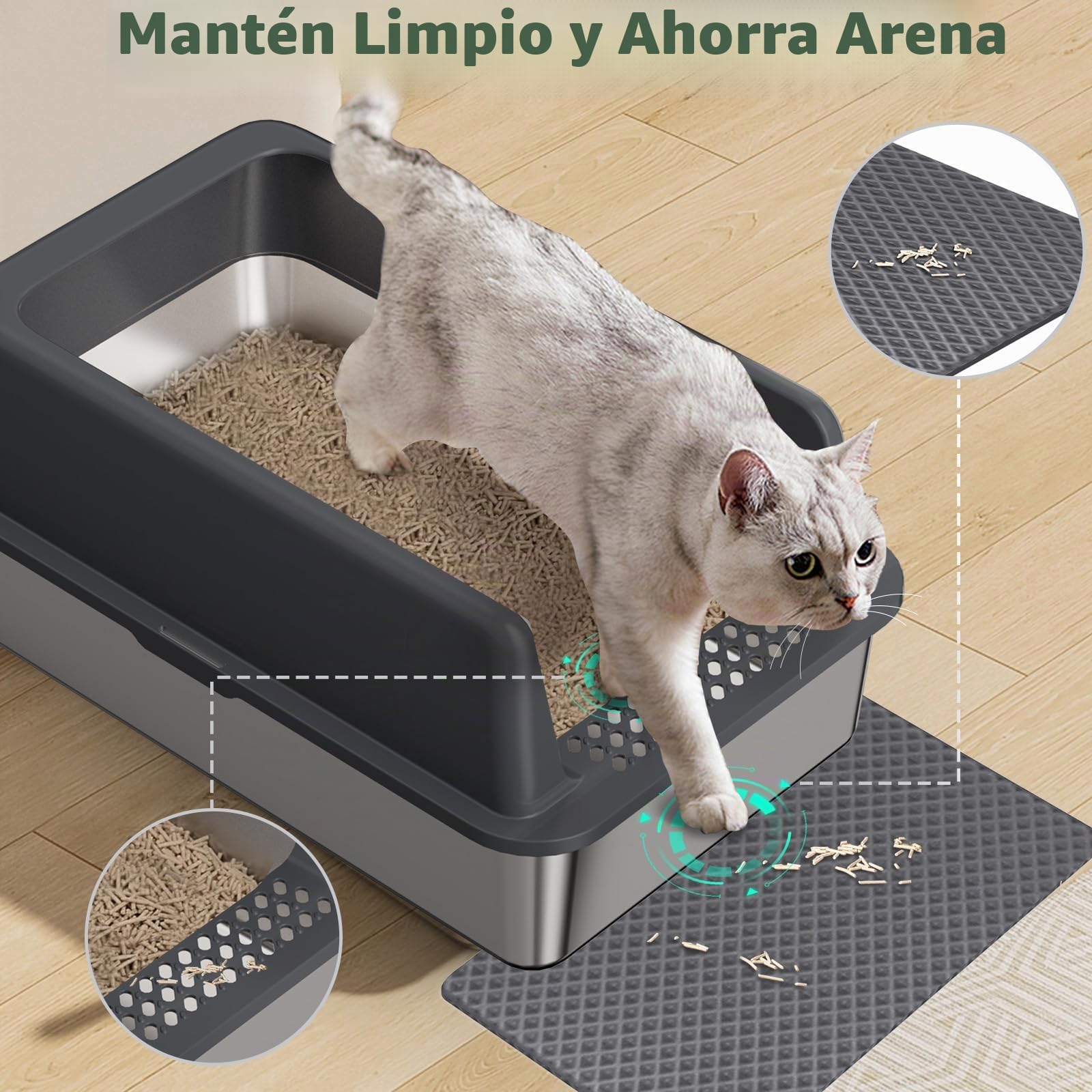 Gimars Caja de Arena XL de Acero Inoxidable, Bandeja Grande de 20L con Pala para Arena y Alfombrilla, Bandeja metálica Ideal para Gatos Grandes y medianos, fácil de Limpiar y Duradera