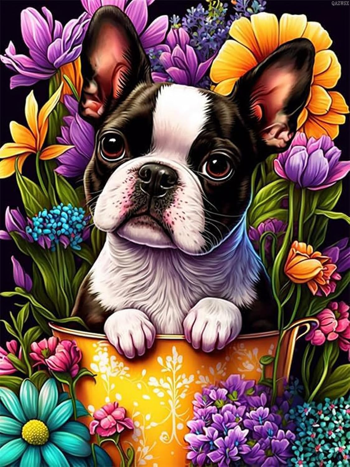 QAZWSX Boston Terrier Diamond Painting, Colorful Flower Animals DIY Diamond Art Kit for Beginners Colorful Diamond Painting Art for Home Wall Decor 12x16 INCH