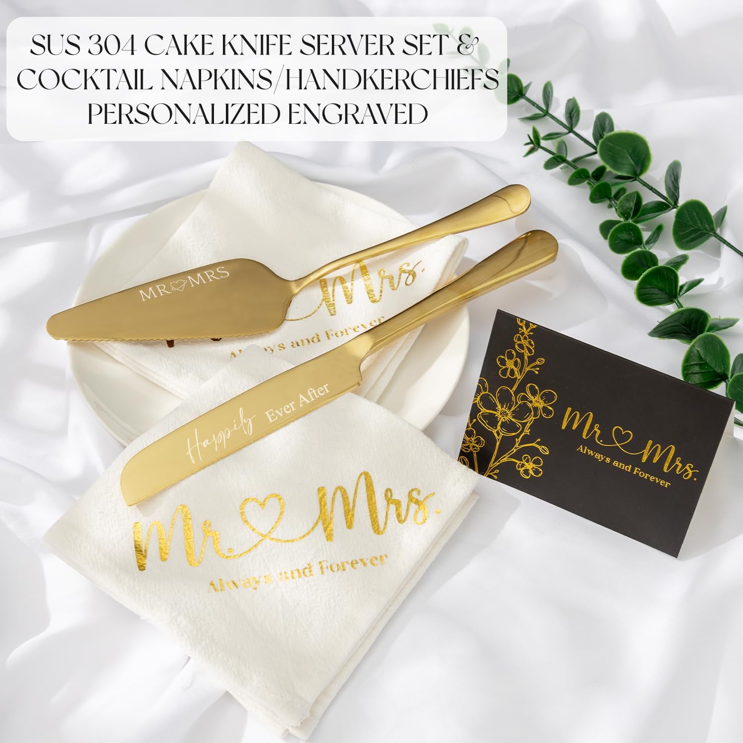 Wedding Cake Knife And Server Set Mr Mrs Champagne Flutes, Bride And Groom Gold Engraved Toasting Glasses With Cocktail Napkins Cake Cutting Set For Wedding, Personalized Engagement Gifts For Couple - Image 4