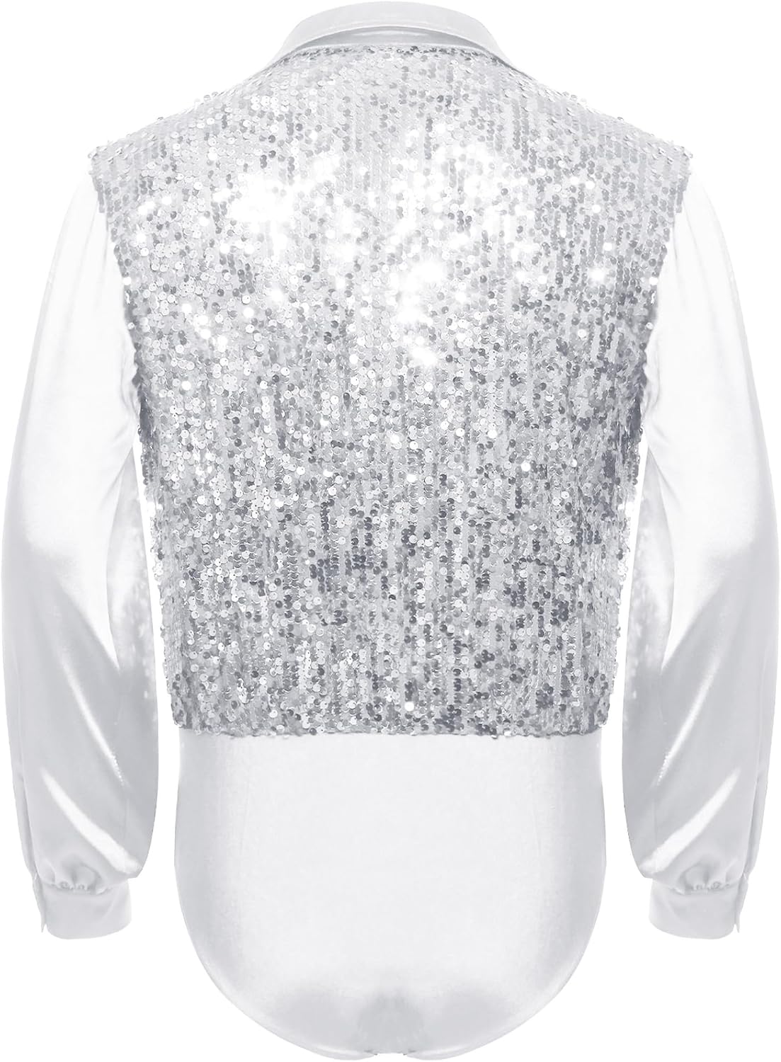JEYPINMI Glittery Sequin Latin Dance Bodysuit Top for Men Long Sleeves V Neck Ballet Tango Dance Leotard Shirt