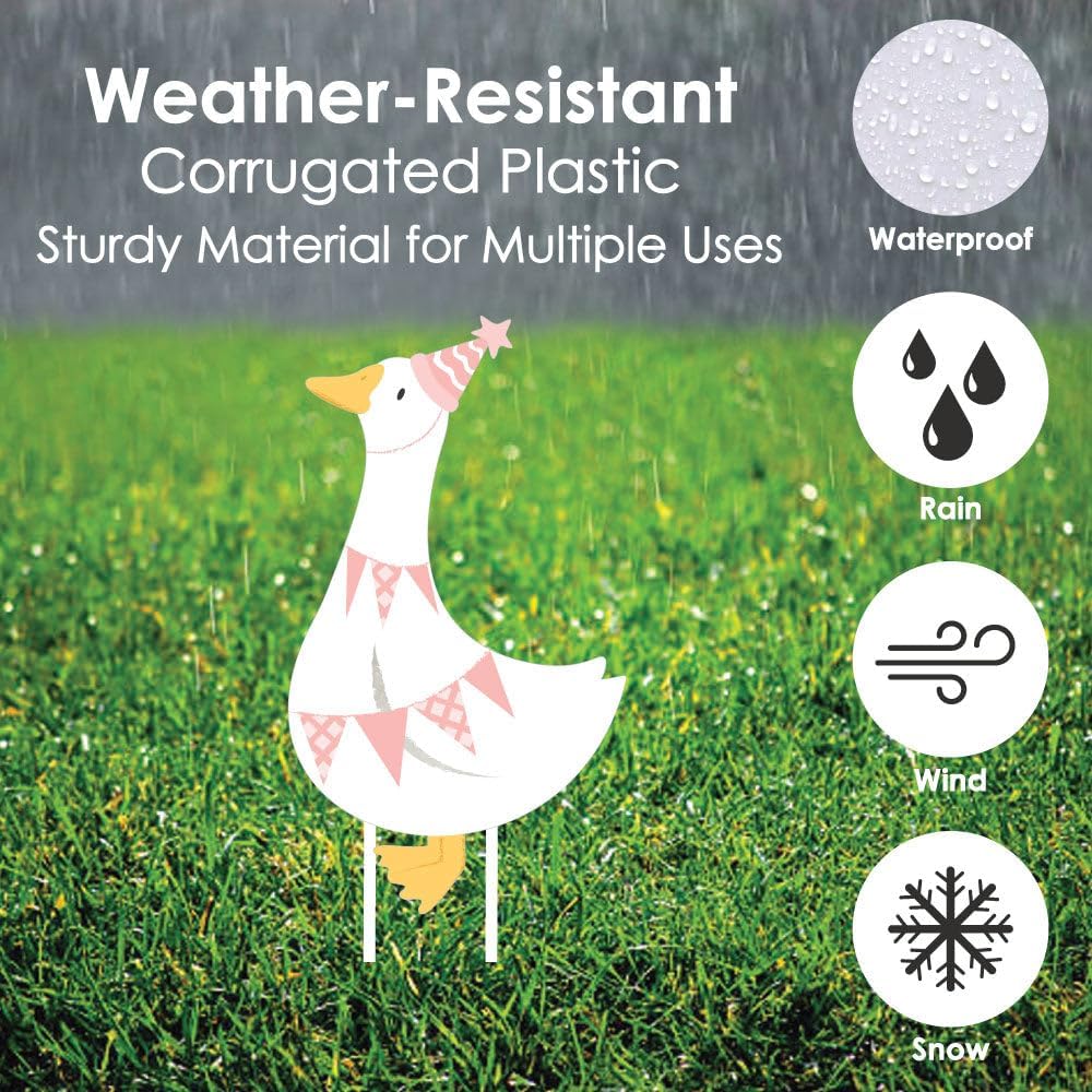 Big Dot of Happiness One Silly Goose Pink Outdoor Decorations, Girl 1st Birthday Party Lawn Ornaments, Goose-Themed Yard Signs with Stakes - 10 Piece Set