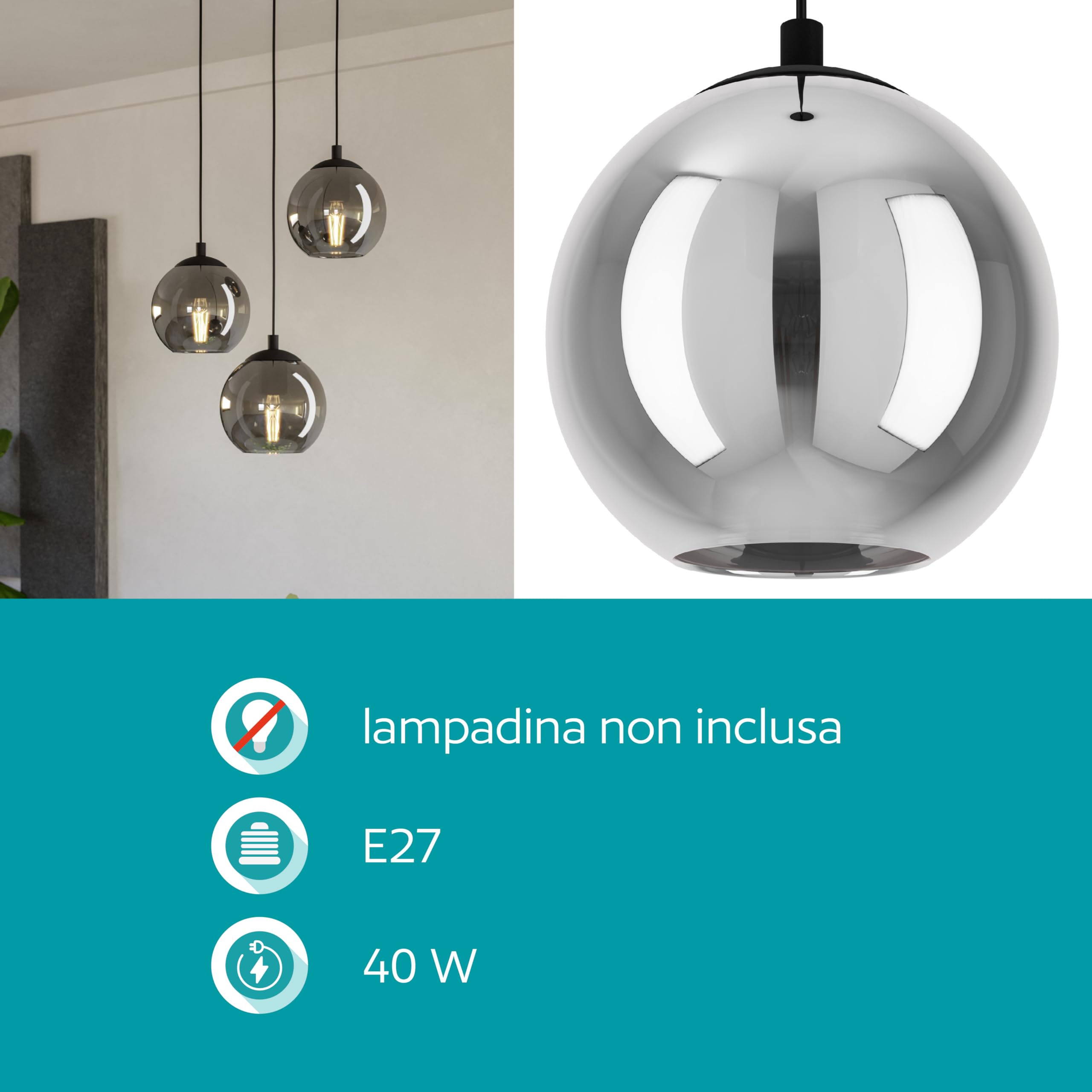 Eglo lampada a sospensione Ariscani, luce a sospensione a grappolo con 3 | luci per sala da pranzo, metallo in nero e vetro fumo in nero-trasparente, attacco E27, Ø 42,5 cm