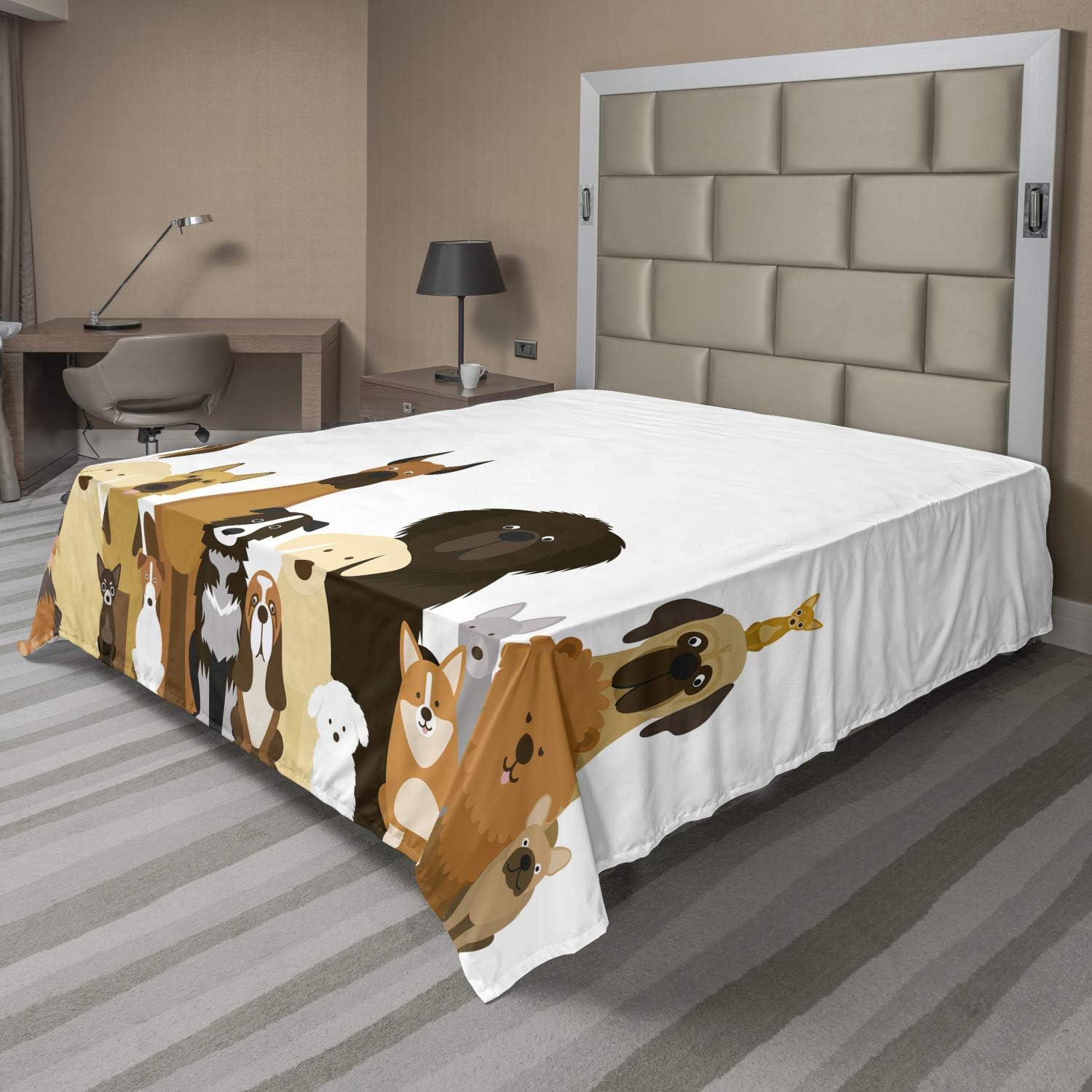 Ambesonne Dogs Flat Sheet, Group of Various Big and Little Breeds Funny Posing Cartoon on Plain Backdrop Print, Soft and Comfortable Top Sheet Decorative Bedding 1 Piece, Full Size, Multicolor