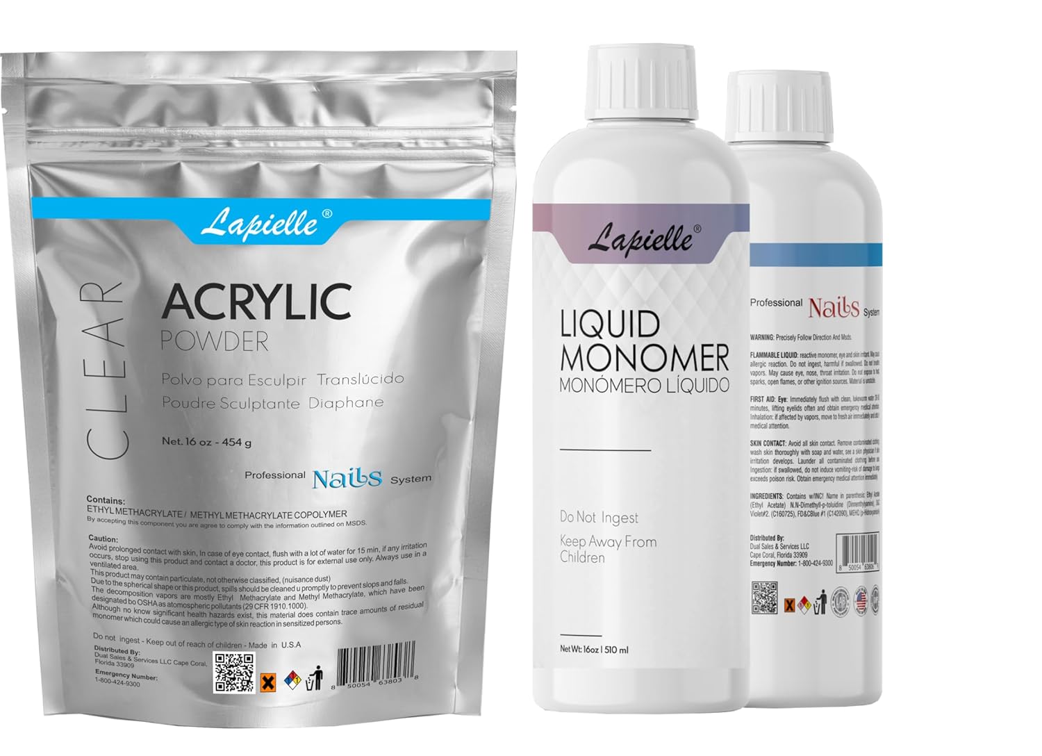 Professional Acrylic Powder for Nail Art. Long-lasting, Large capacity and quick dry. (16oz CLEAR) & Lapielle acrylic nail liquid Monomer MMA FREE 16oz.