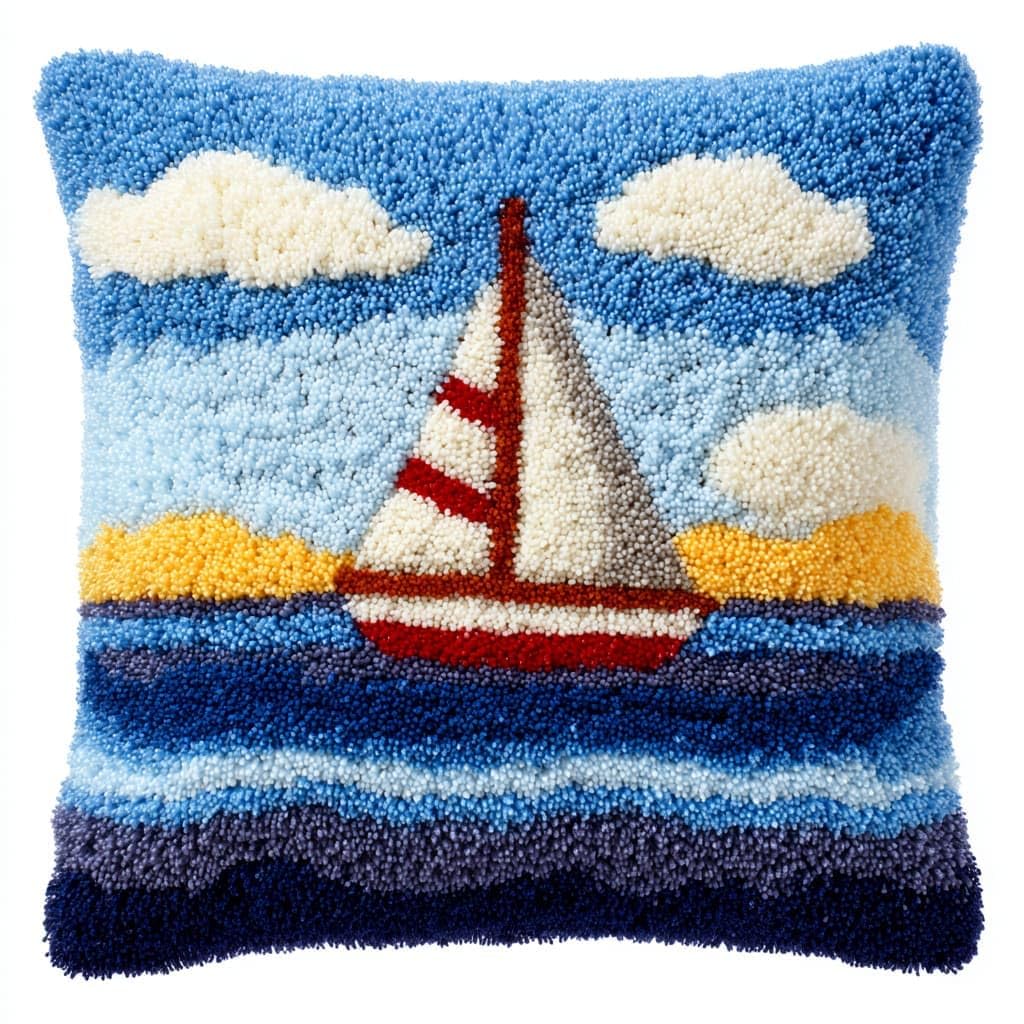 Taxpy Latch Hook Pillow Kits, Sailboats at sea Pillowcase with Preprinted Throw Pillow Crochet Yarns Knitted Latch Hooking Cushion for Home Sofa 17x17inch