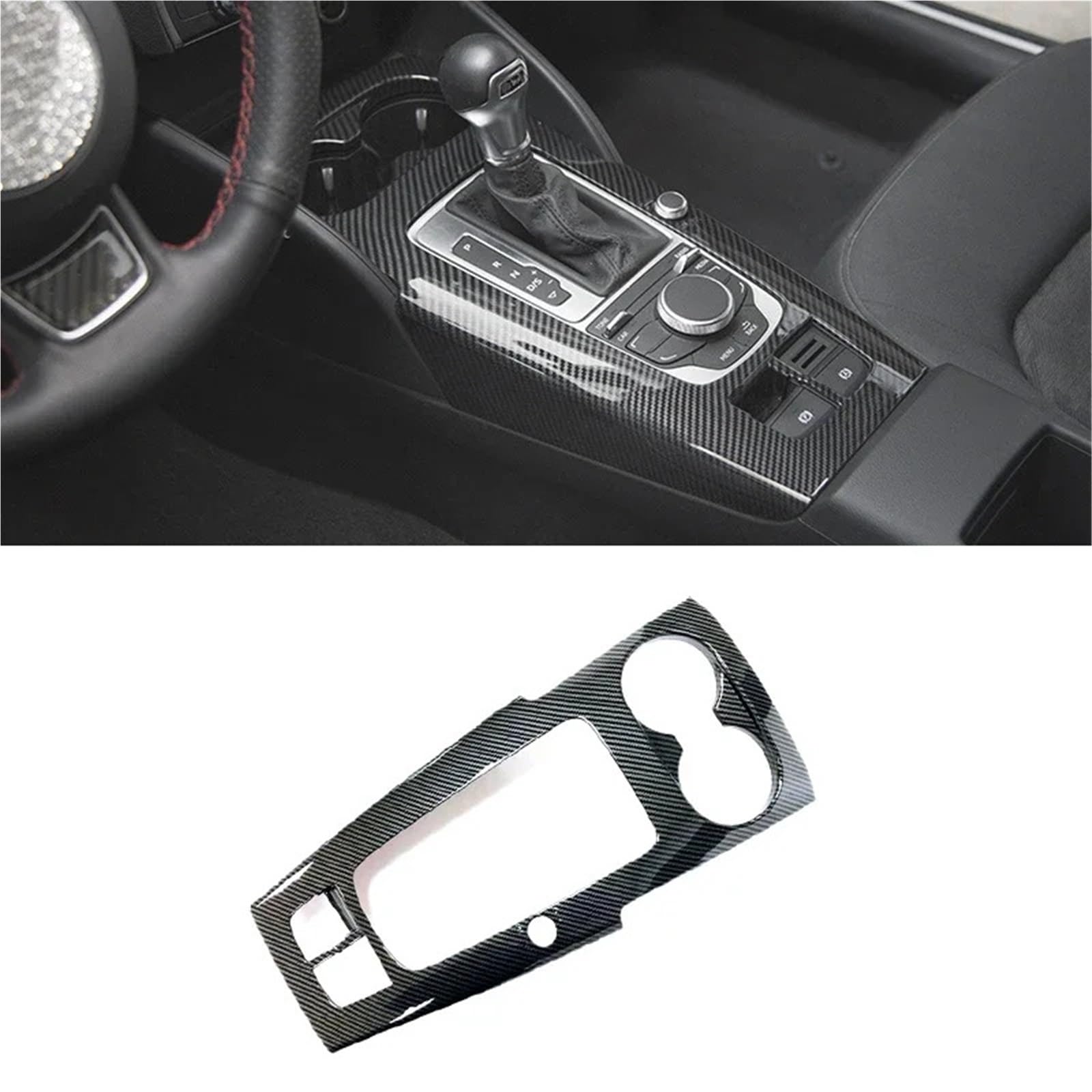 Folia na panel‌ Okleina skrzynia biegów‌ Konsola środkowa w kolorze włókna węglowego Panel zmiany biegów Dekoracyjna listwa wykończeniowa pasuje do Audi A3 8V 2013-2020 Uchwyt na kubek z wodą(A LHD)