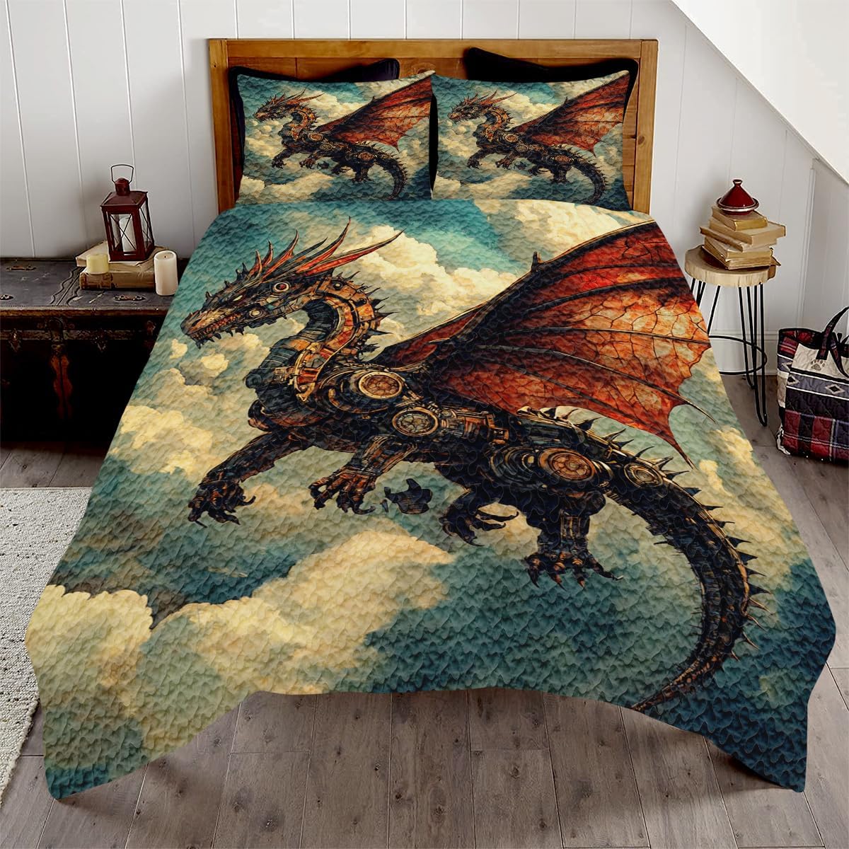 Personalized Dragon Quilt Set - Blue Dragon Scale Bedding Set for Boys & Teens (Twin Size, 3D Comforter & Throw, Steampunk Style)