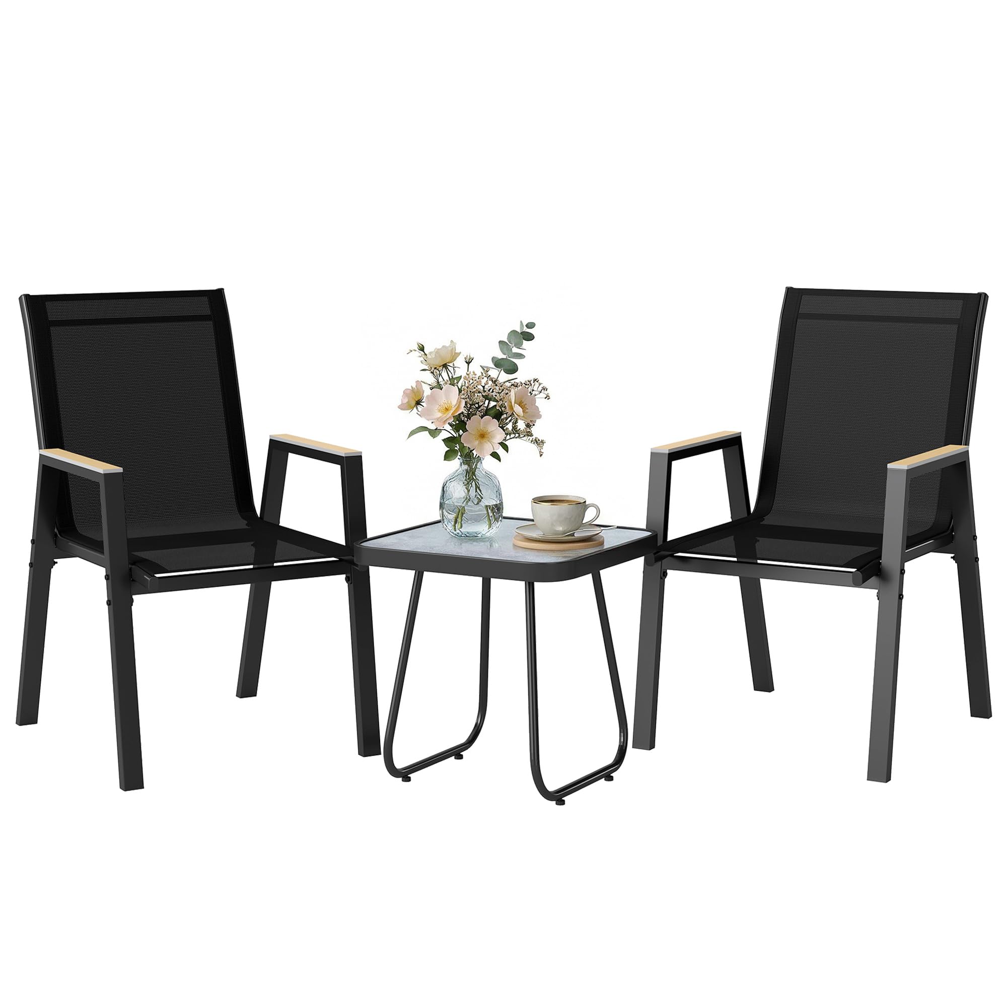 Outsunny Set da Bistrò da 3 Pezzi con 2 Sedie in Texteline, Tavolo Effetto Marmo e Braccioli Decorativi, Set di Mobili da Giardino in Metallo per Terrazzo Patio Balcone, Nero
