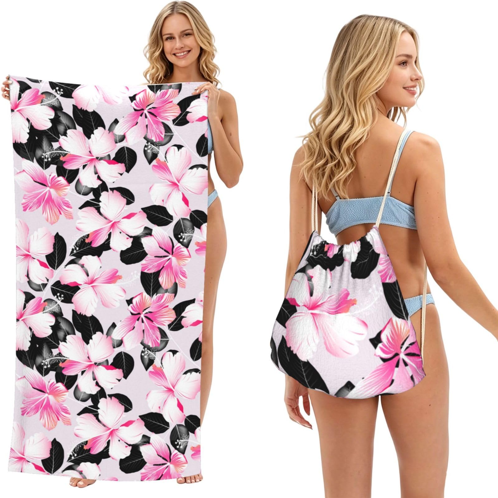 Poadnly As Picture Tropical Hibiscus Flowers With Black Leaves, 2 In 1 Packable Towel Bag, Beach Towels With Drawstring Backpack For Travel Holiday Camping