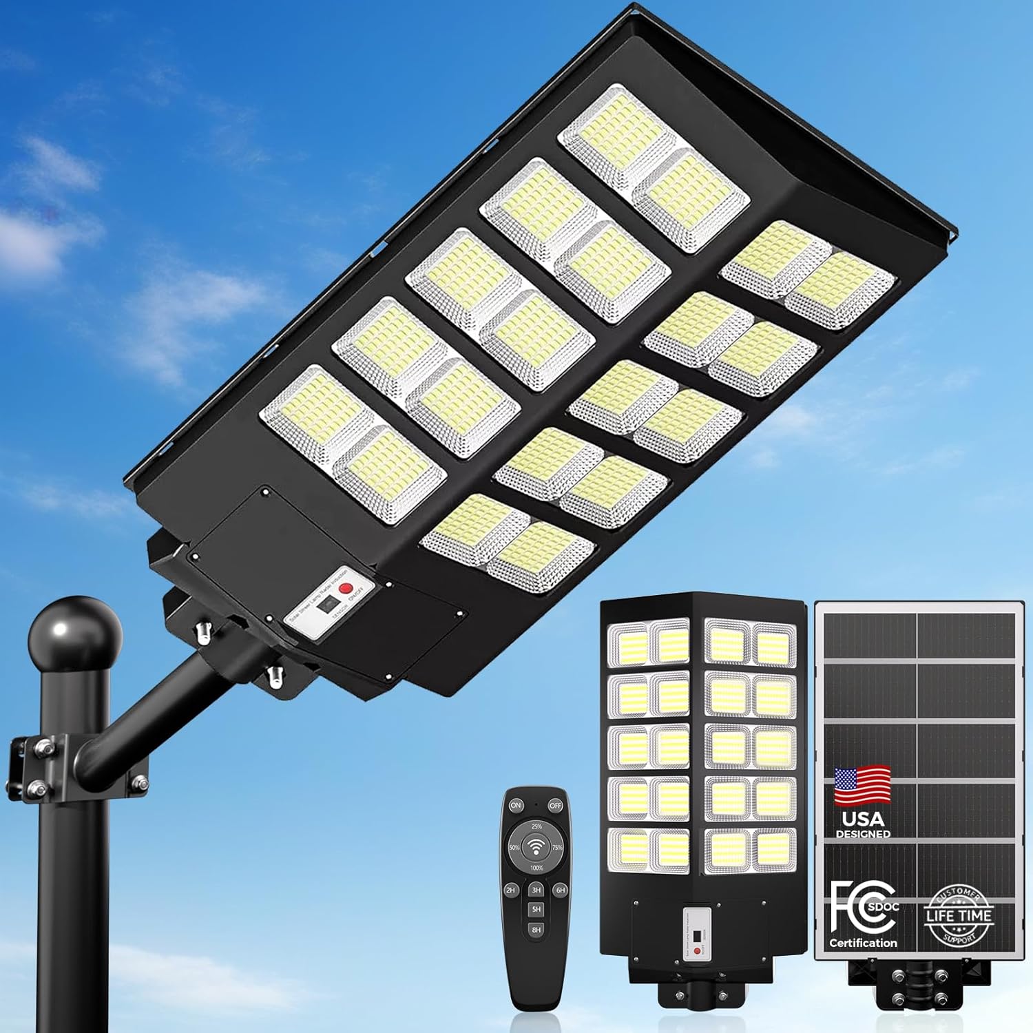 Solar Street Lights Outdoor, 480000LM 6500K Solar Lights Outdoor Waterproof Dusk to Dawn, Security Flood Light with Motion Sensor and Remote for Yard, Garage, Driveway