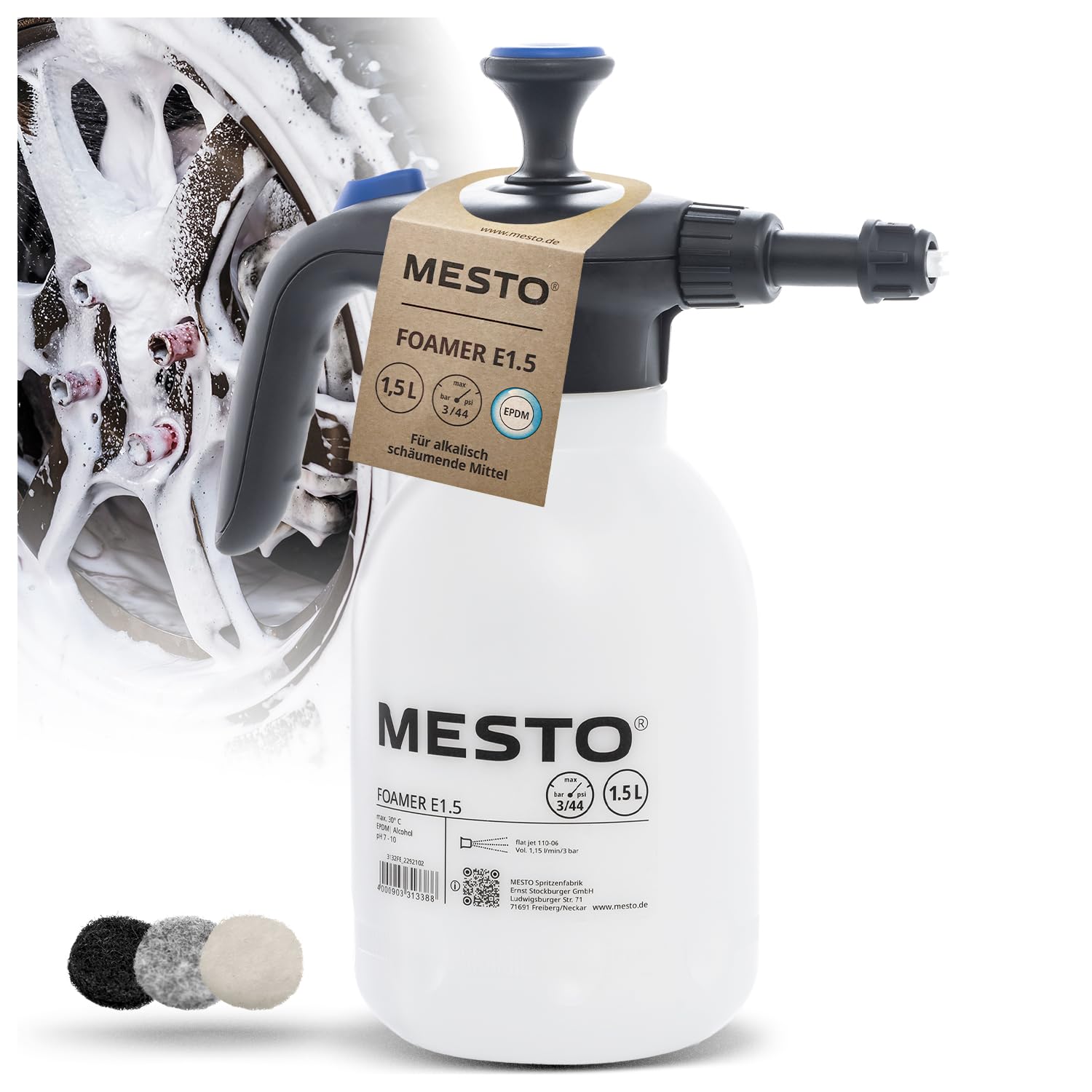 MESTO 3132FE FOAMER Drucksprüher 1,5L Schaumsprüher | Schaumgerät mit EPDM-Dichtungen | Foam Sprayer für Automotive Reinigung | Schaum Sprühflasche | Spezial-Flachstrahldüse 110-06 | inkl. Fleecepads