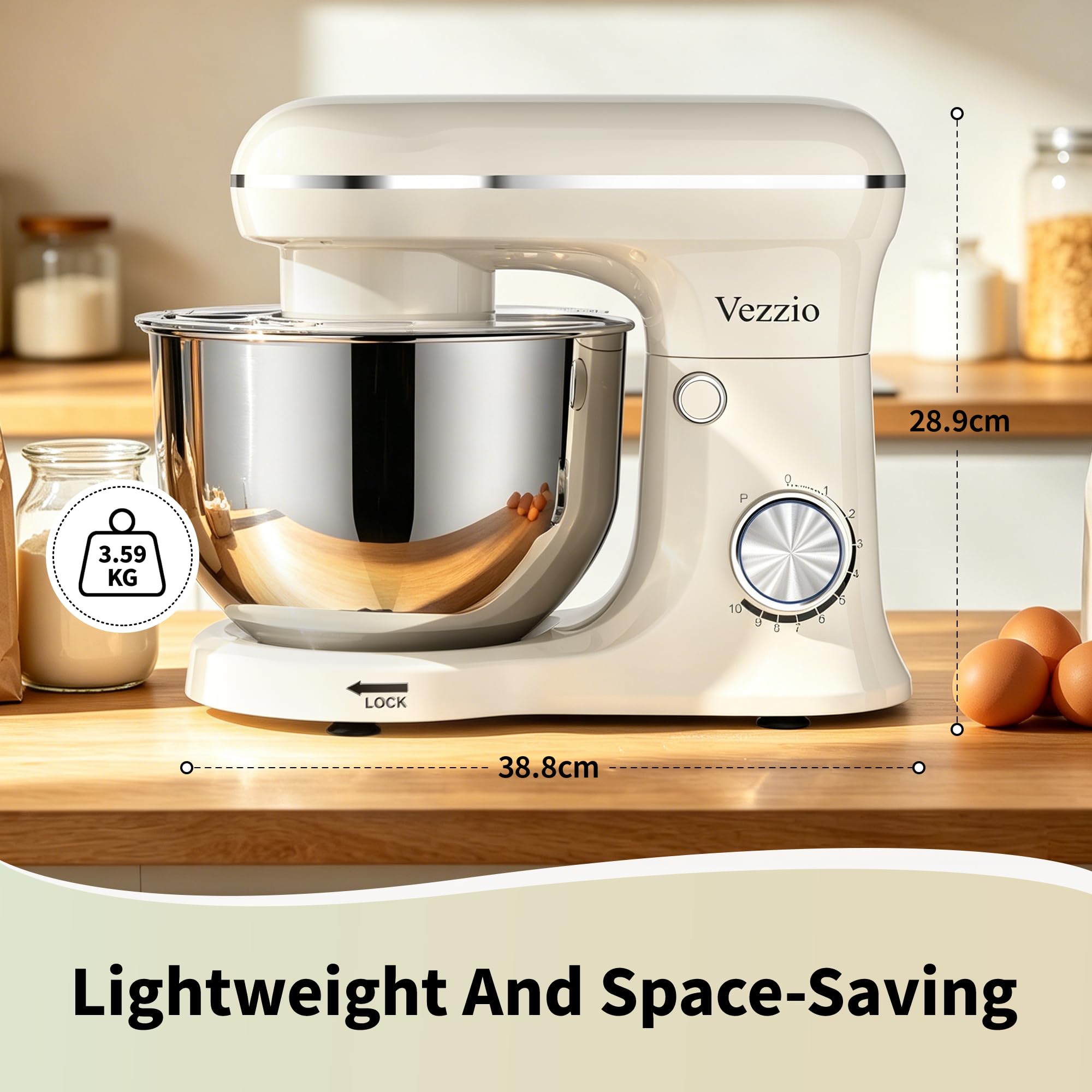 Vezzio Robot Pâtissier 1500W, Robot Cuisine avec Double Bol Acier Inoxydable (5L + 6L), 10 Vitesses, Pétrin Électrique avec Fouet, Crochet et Batteur Plat, Pour Pâtisserie et Cuisine(Blanc)