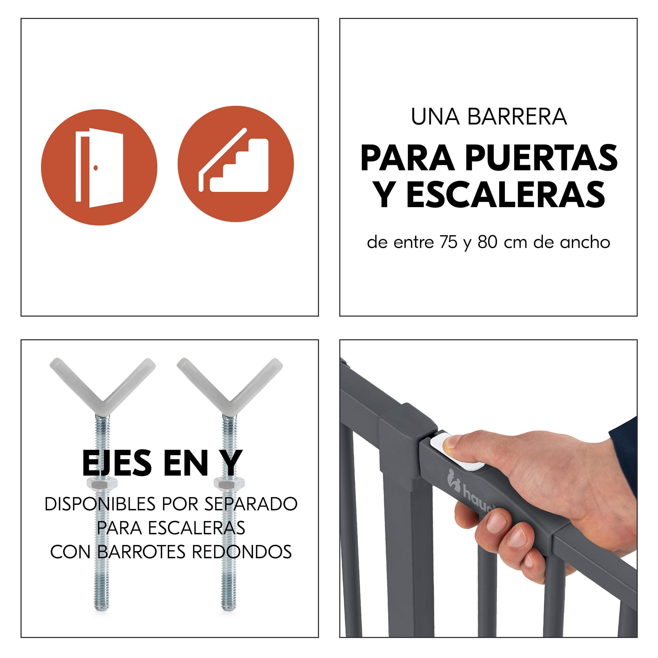 Hauck Clear Step Autoclose 2 Barrera Seguridad Niños Escalera | Valla Infantil Ajustable de 75 a 80 cm | 3 Topes de Puerta | Vallas para Perros Umbral Plano y Cierre Automático – Gris