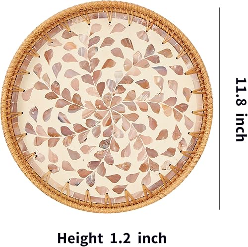 Miniatura 6 de Round Rattan Tray with Mother of Pearl Inlay, Rattan Serving Tray with Wooden Base, Decorative Wicker Basket for Table Decor, Storage and Display of