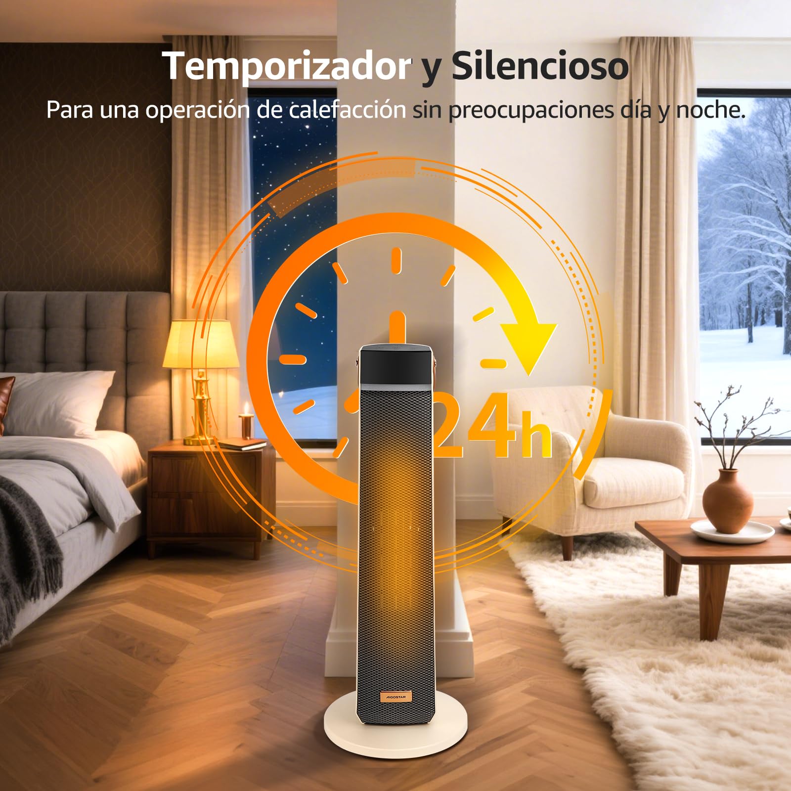 Aigostar Calefactor Cerámico con Luz Nocturna, Mando a Distancia y Pantalla Táctil LED, 2000W, Función ECO, 4 Modos, Silencioso, Temporizador 24H, Temperatura Ajustable 5-35°C, Oscilación y Asa