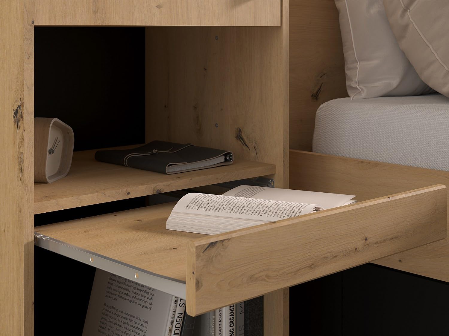 Vente-unique - Lit Pont 160 x 200 cm avec rangements - avec LEDs - Coloris : Naturel et Noir + Sommier + Matelas - VARLY